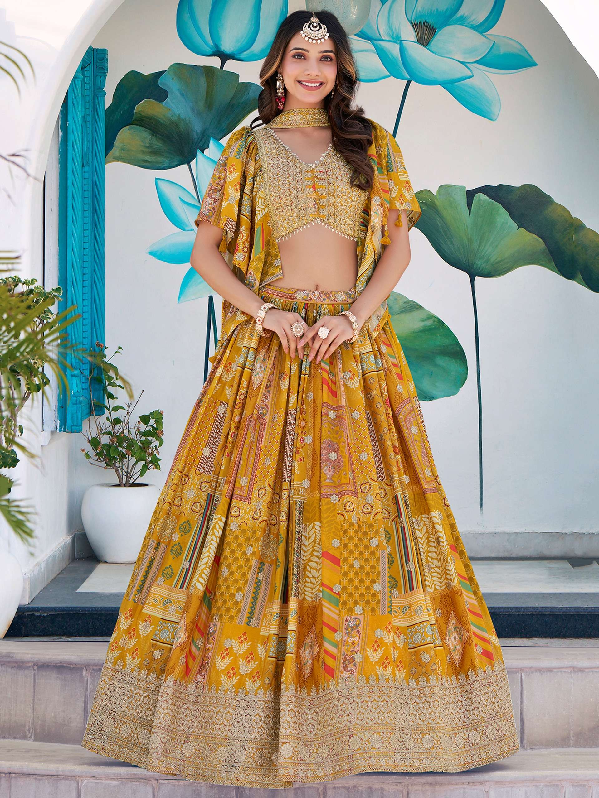  Mustard Yellow colour  Designer Chinnon Silk fabric Lehenga Choli Wholesale in surat 7050 Yellow