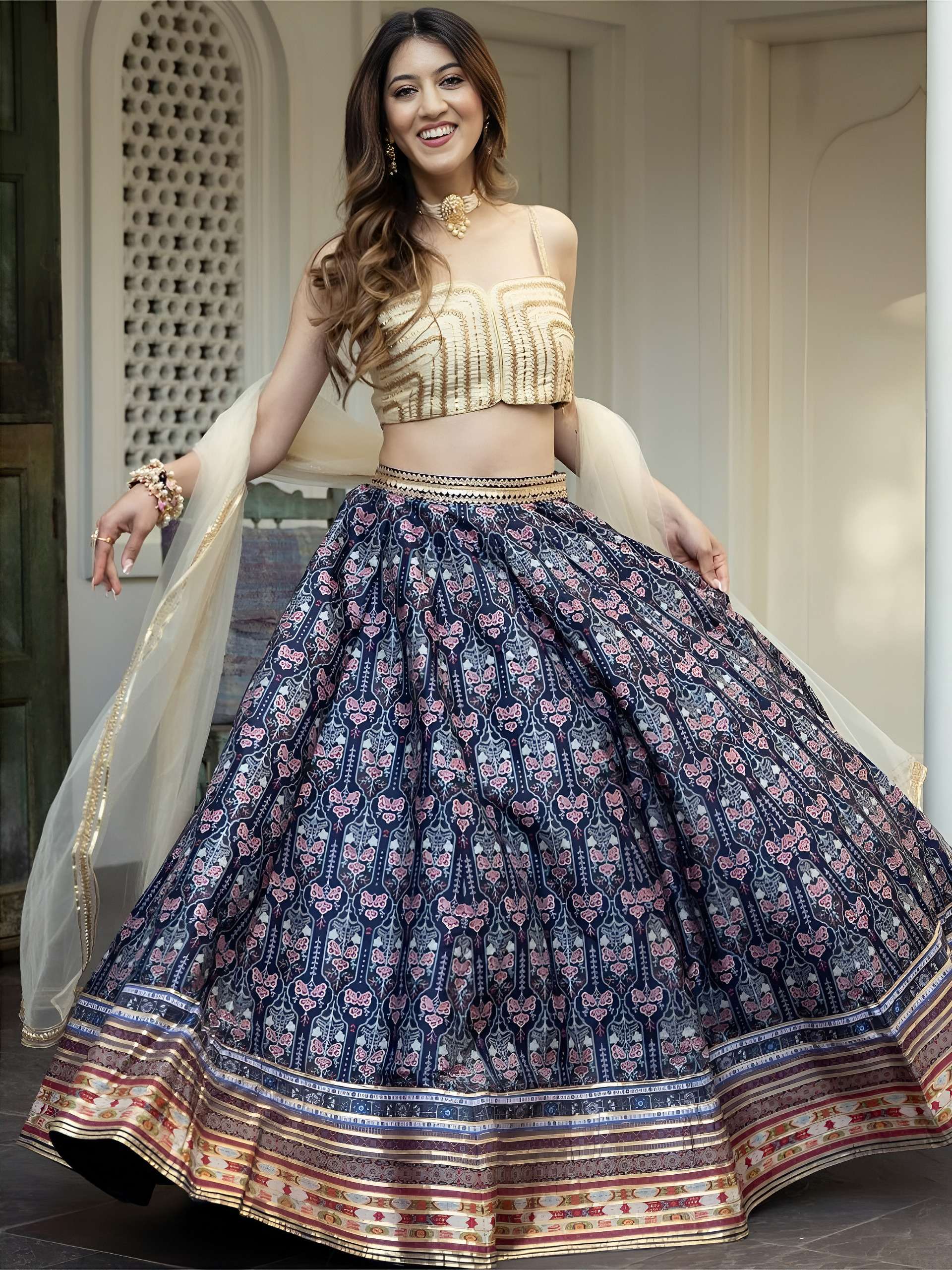 Navy Blue colour and beautiful Printed Lehenga Choli with Cream Dupatta Reseller in surat wholesale in surat 15053