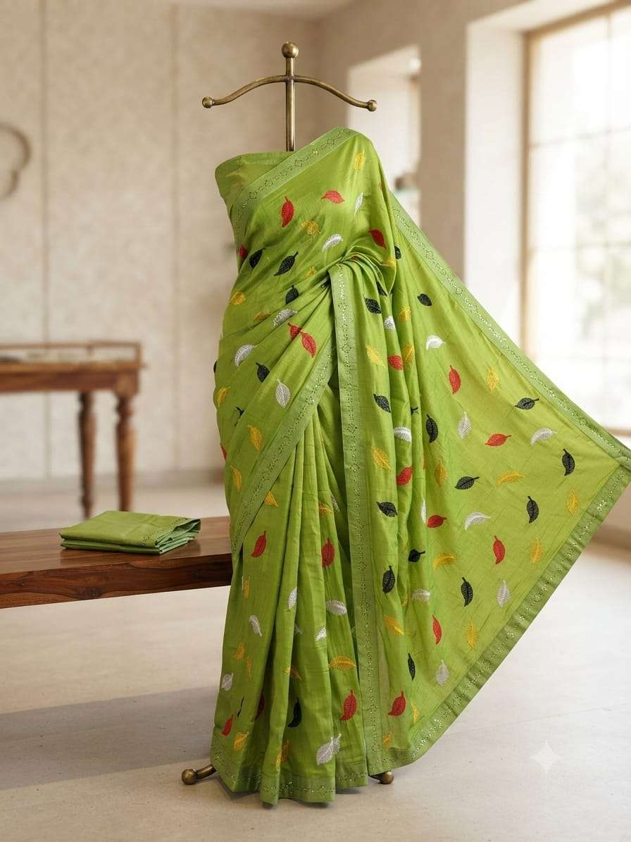 New Arrivals Beautiful And Leaf print on Sana Silk Fabric Saree Reseller In Surat