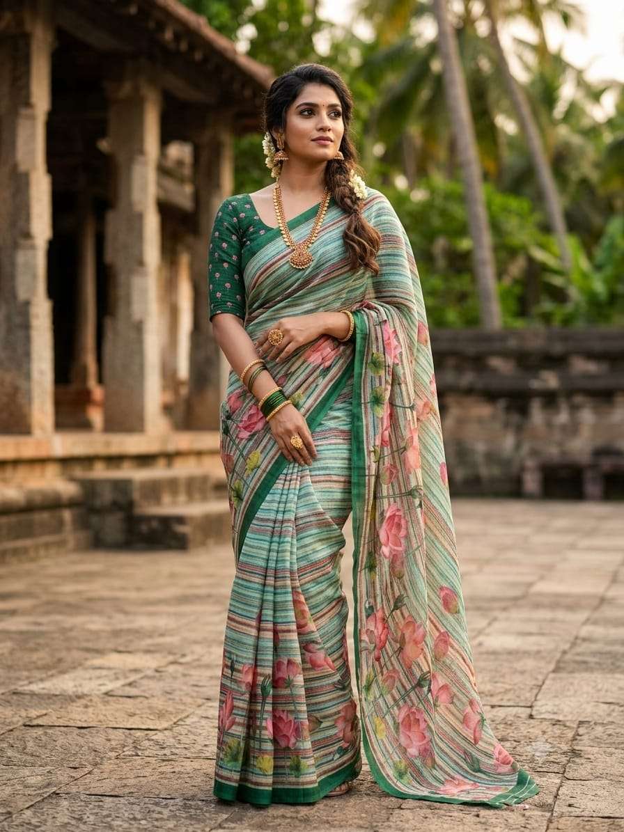 New trading linen Cotton Saree with Beautiful Flower Digital Print on saree wholesale in surat