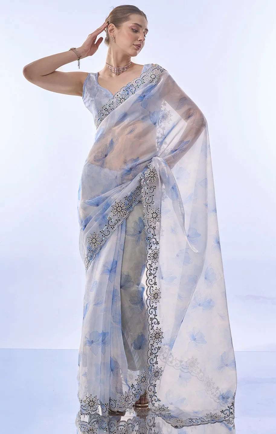  Ocean blue Soft Space silk Fabric with beautiful print on saree wholesale in surat 5502
