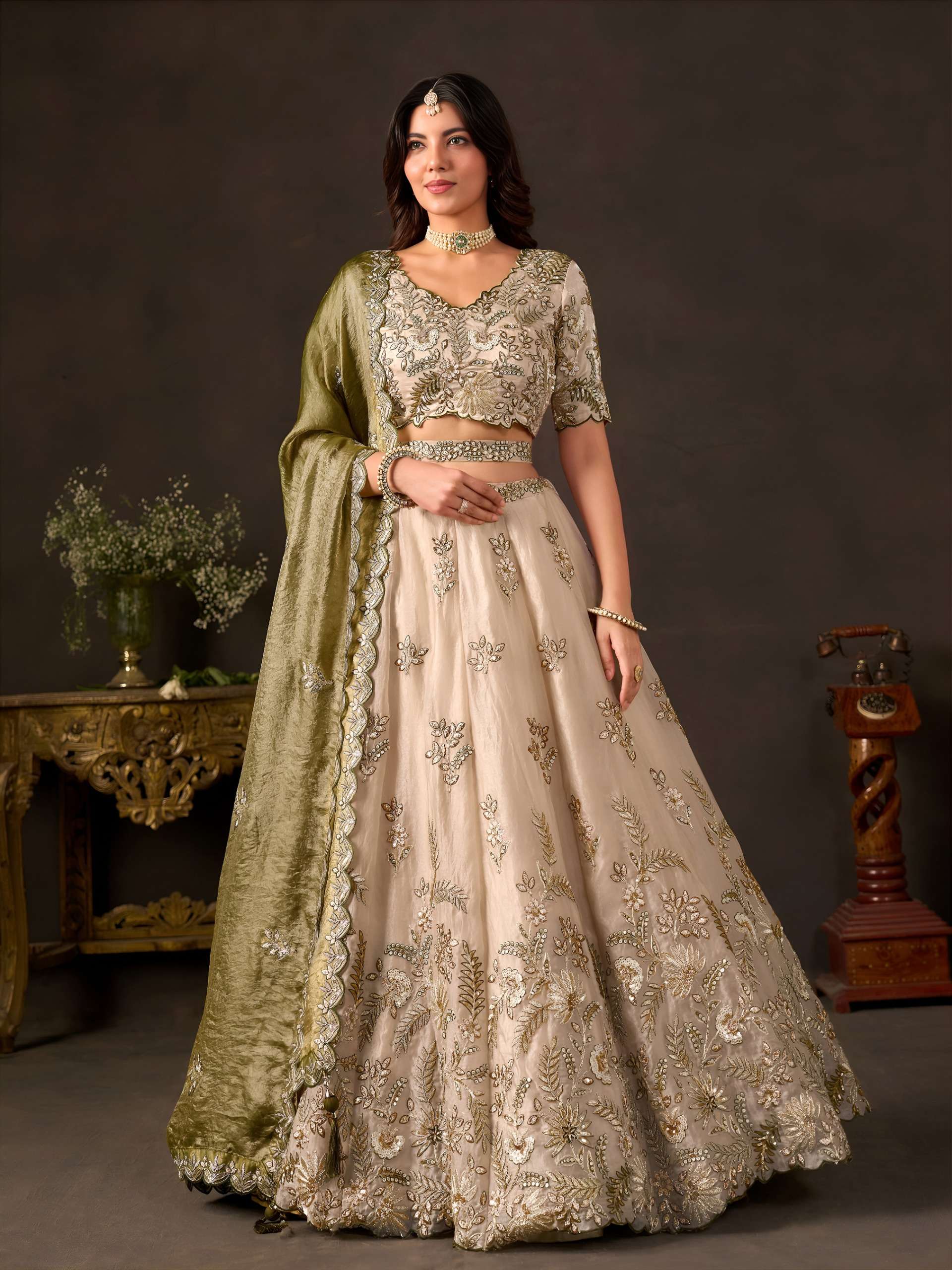 OLIVE GOLD COOUR FANCY SILK FABRIC LEHENGA CHOLI RESELLER IN SURAT 6019 OLIVE GOLD 