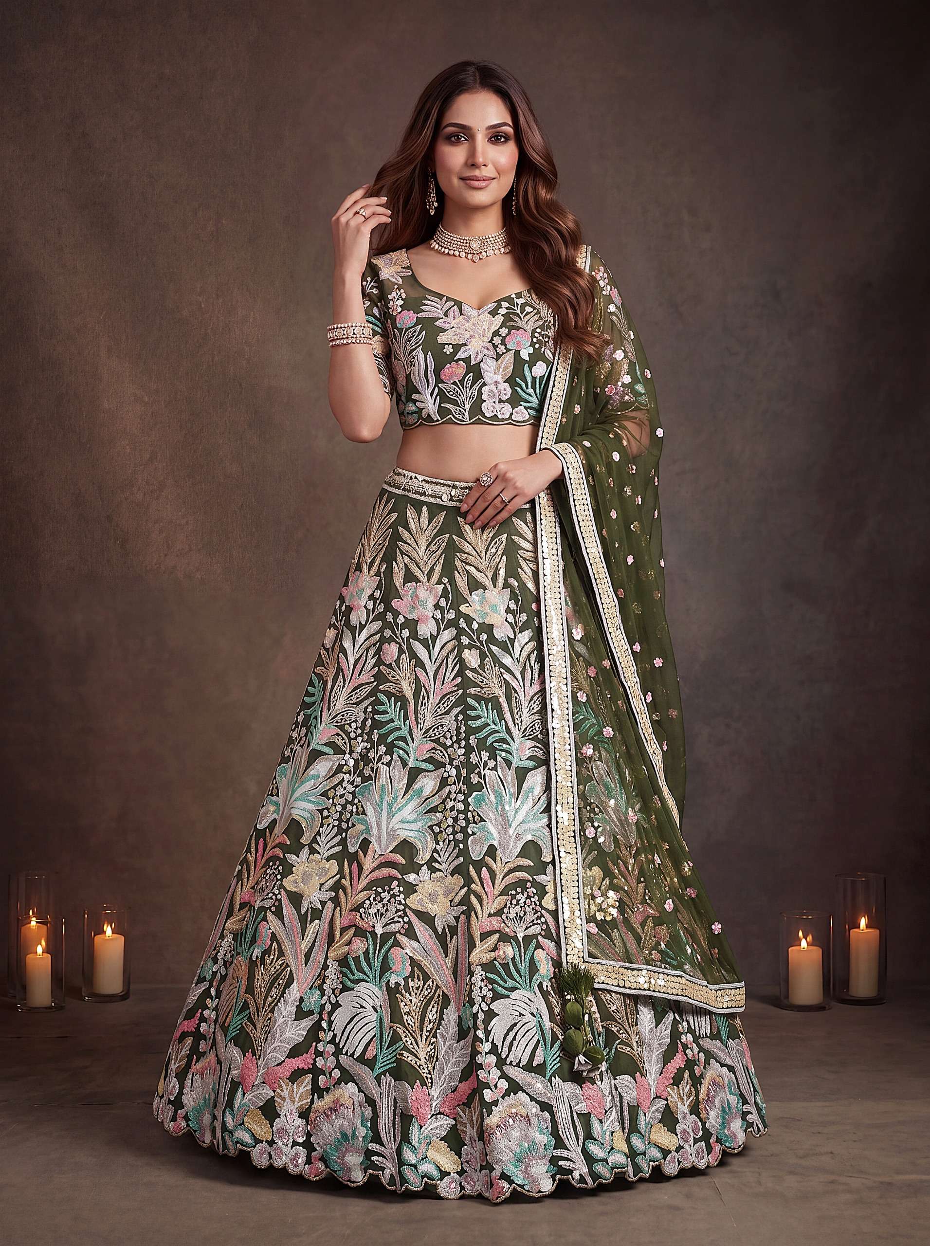 Olive Green colour Garden Floral and Embroidered net Lehenga Choli Reseller in surat 6032 Green 