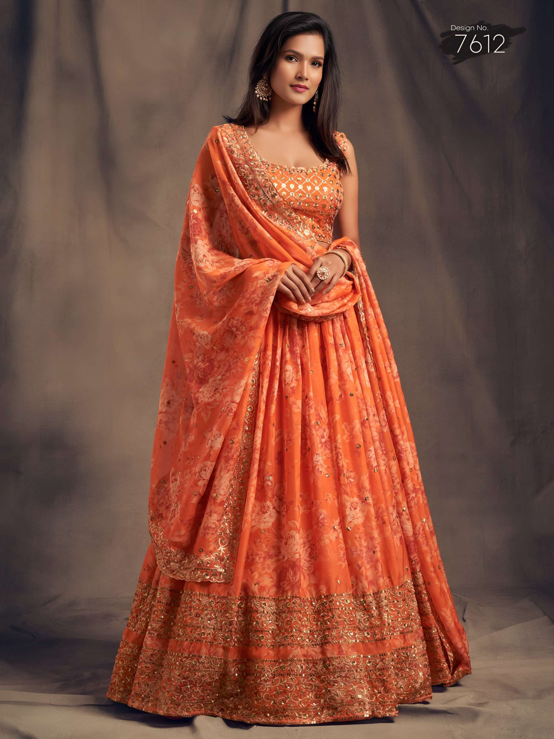 Orange Colour with Organza Floral Printed On Designer Lehenga Choli Reseller In Surat 7612 