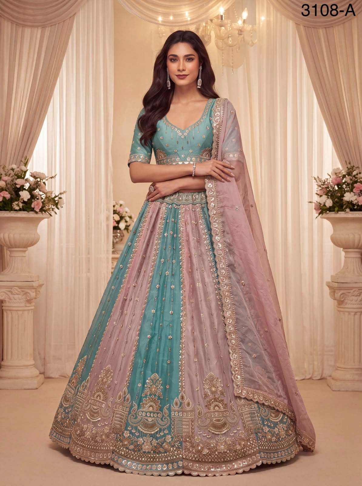 Partywear pastel Color beautiful Satin Silk fancy fabric Lehenga Choli reseller in surat 3108
