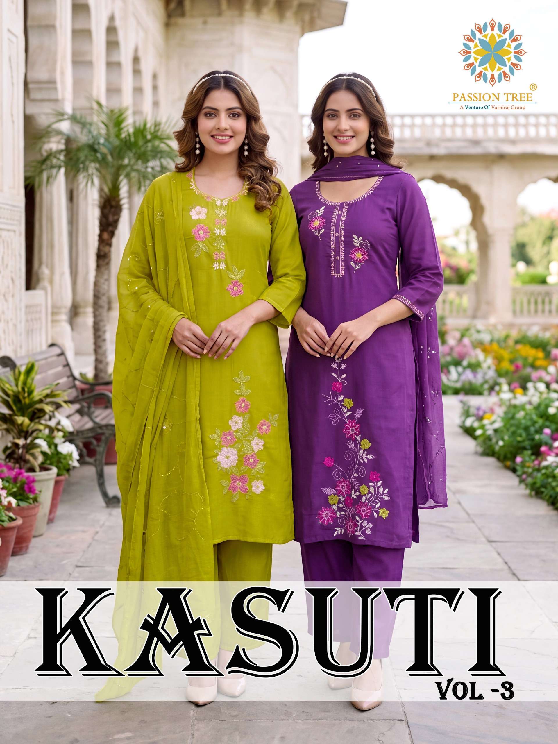 PASSION TREE KASUTI VOL 3 CHANDERI STRAIGHT TOP WITH PANT PLAZZO & DUPATTA RETAILER