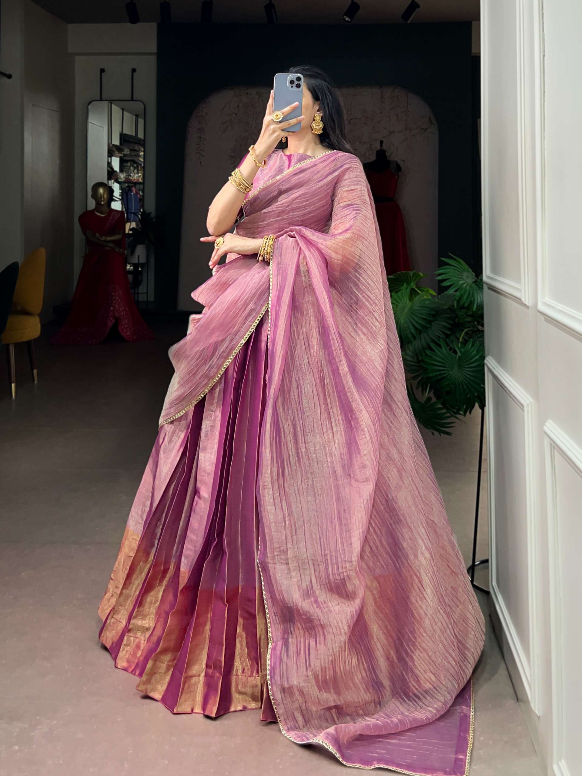 Pink colour Zari Tissue Plain fabric lehenga choli reseller in surat 2206