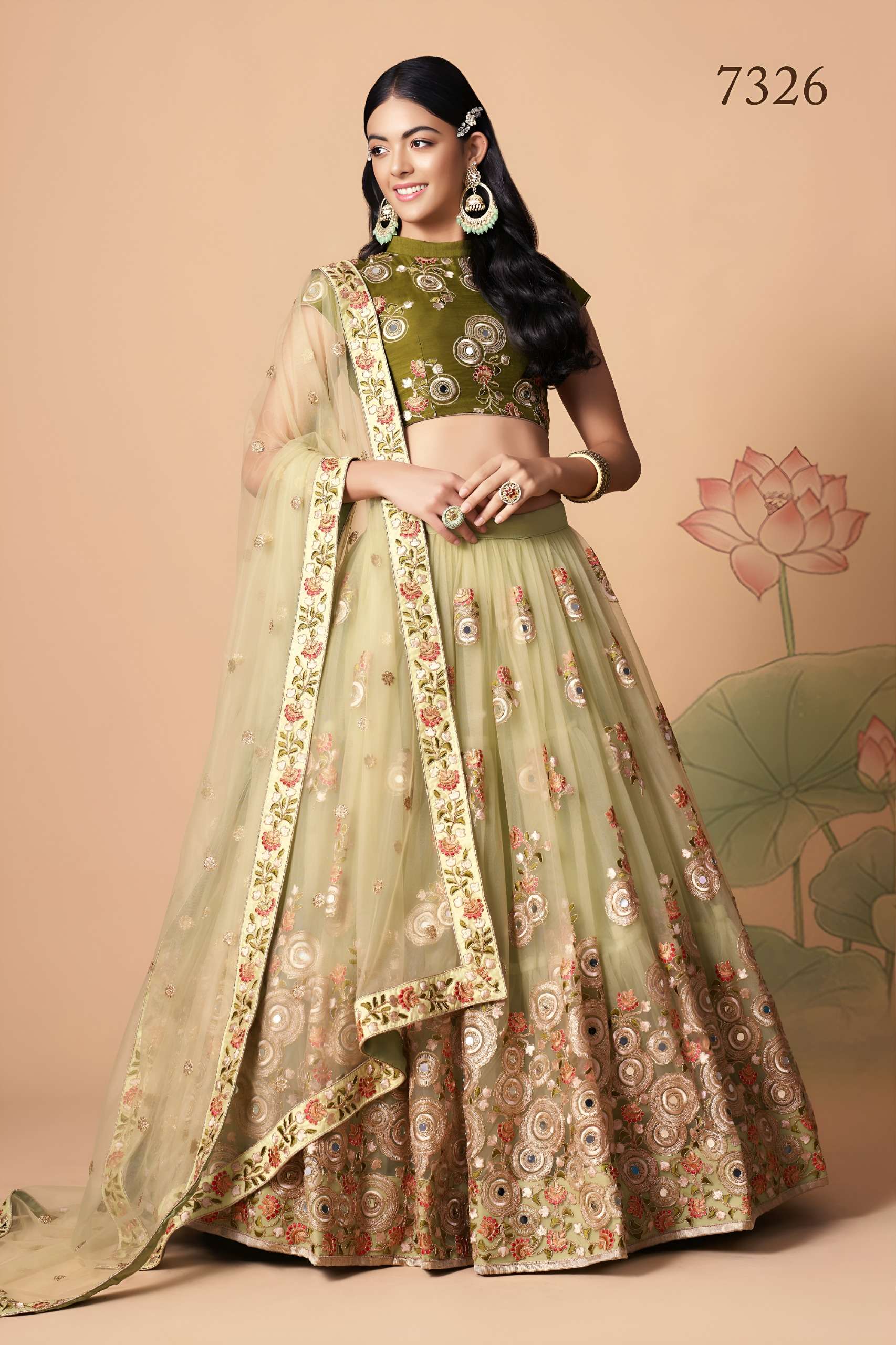 Pista Green & Mehandi colour fancy net lehenga choli Lehenga Choli with Mirror and Embroidered work on Lehenga Choli best rate 7326 Pista 