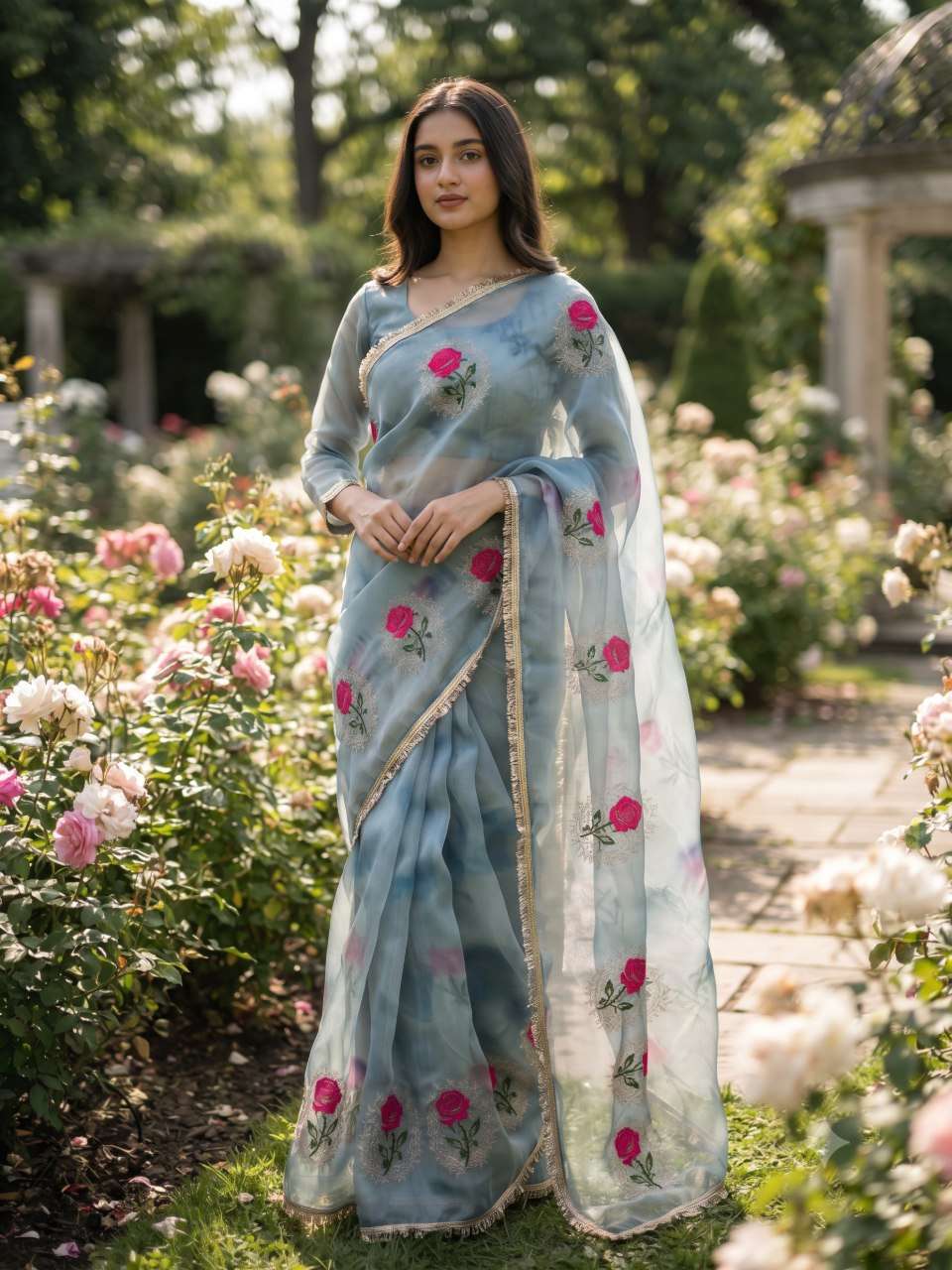 PREMIUM AND ROSE PRINT ON GABANA SILK FABRIC SAREE WHOLESALE IN SURAT KTD 3021 