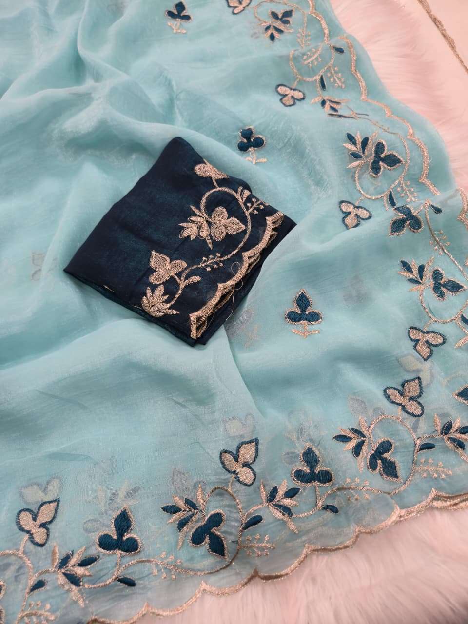 Premium Crunchy Chiffon fabric with Beautiful floral embroidery work on saree wholesale in surat