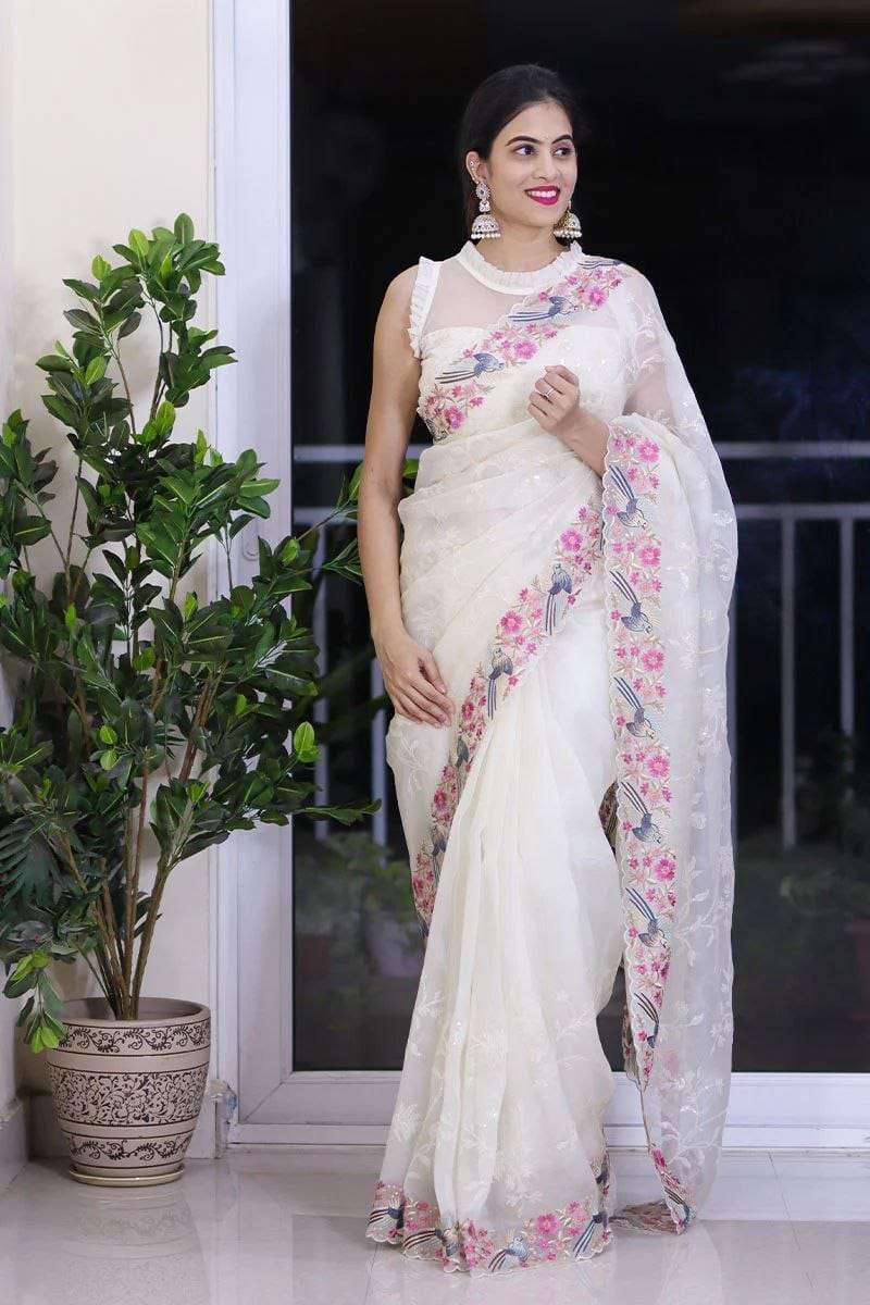 Premium Soft and pure Organza Silk fabric flower print on sa...