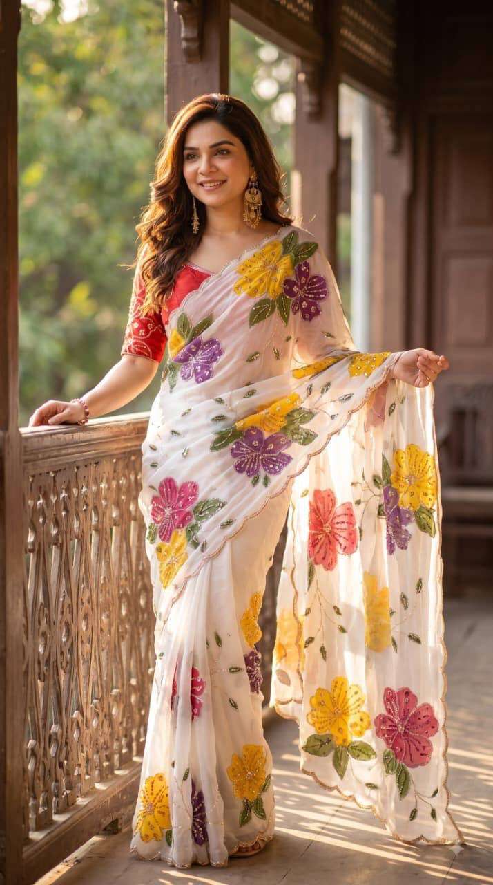 PRESENT NEW TEDDY SILK FABRIC WITH BEAUTIFUL FLOWER BEADS WORK ON SAREE WHOLESALE IN SURAT VK4539