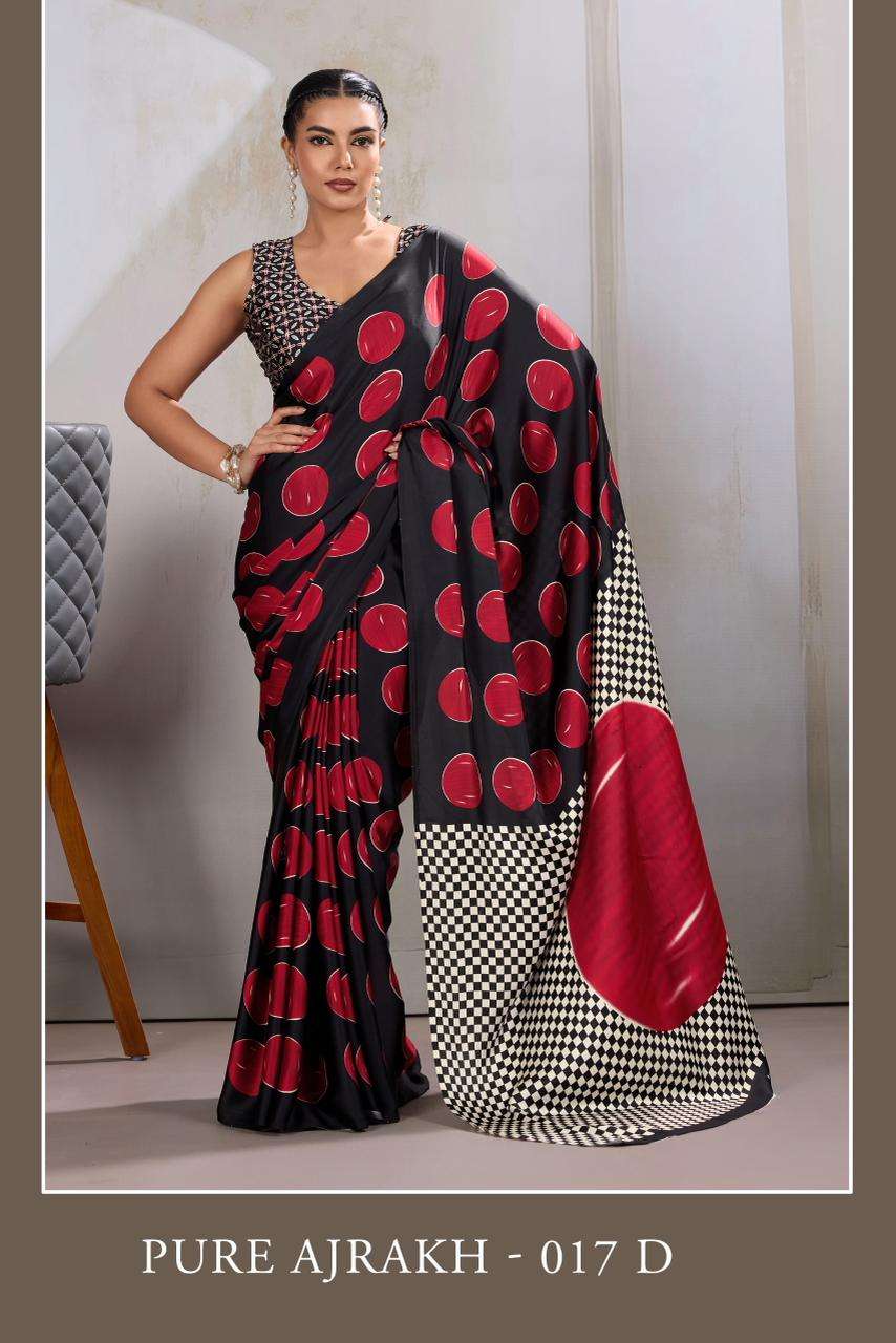 PURE AJARAKH 017 PRINTED AJARAKH SATIN CREPE FABRIC SAREE RESELLER IN SURAT 