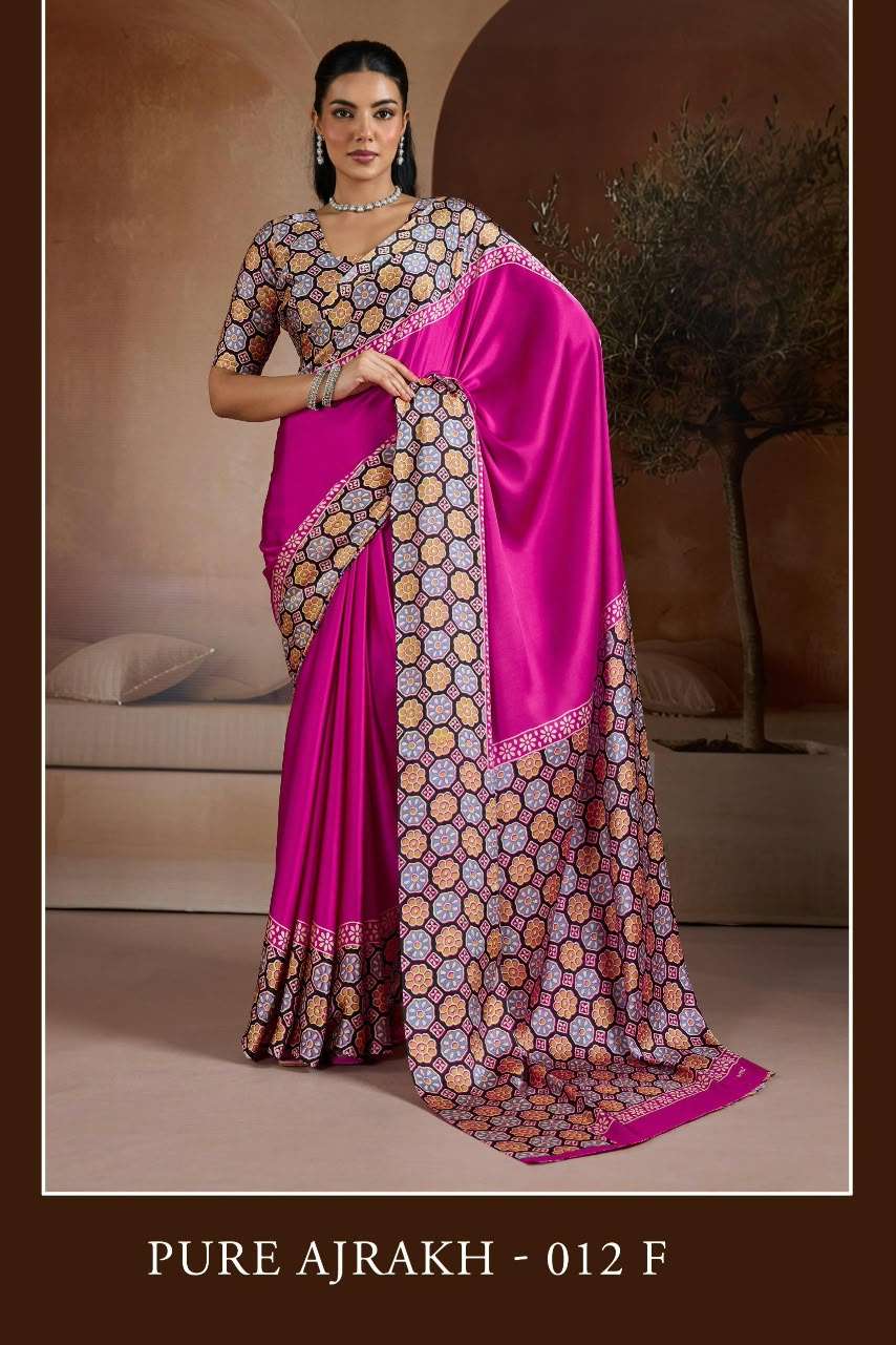  PURE AJARAKH 012 SOFT MODAL SATIN FABRIC WITH AJARKH PRINT ON SAREE WHOLESALE IN SURAT