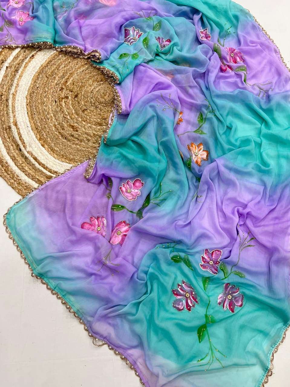  PURE CHIFFON FABRIC SAREE WITH BEAUTIFUL AND LIGHT COLOUR FLOWER PRINT ON SAREE WHOLESALE IN SURAT
