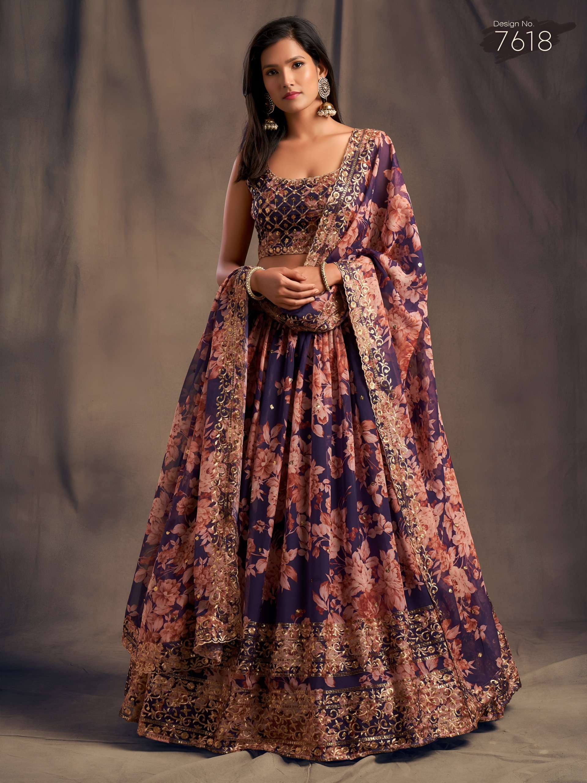  Purple colour with Floral Printed on Designer Organza fabric Lehenga Choli Wholesale in surat 7618