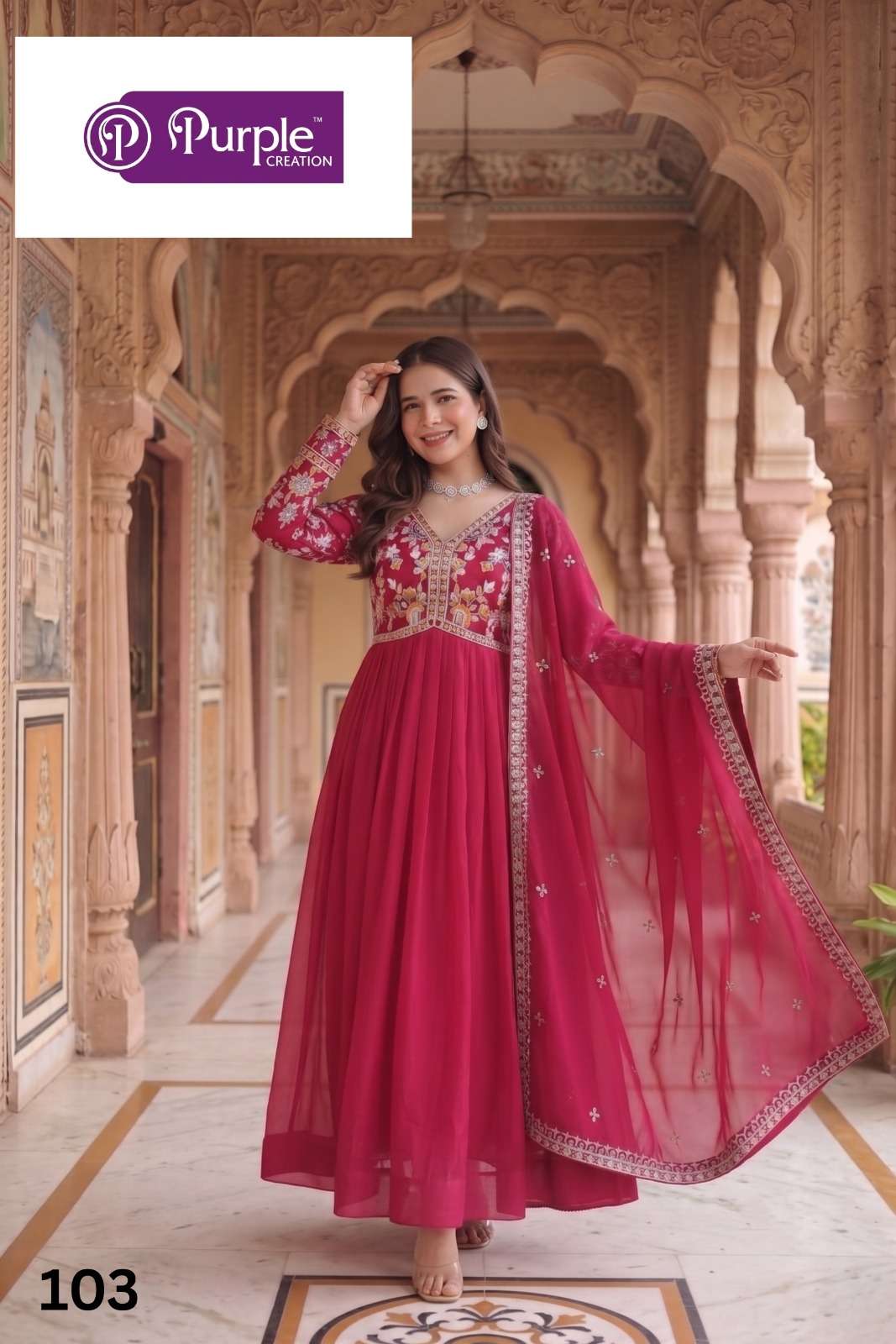 PURPLE CREATION ROMA GEORGETTE DESIGNER GOWN AND DUPATTA WEDDING WEAVE WHOLESALER 