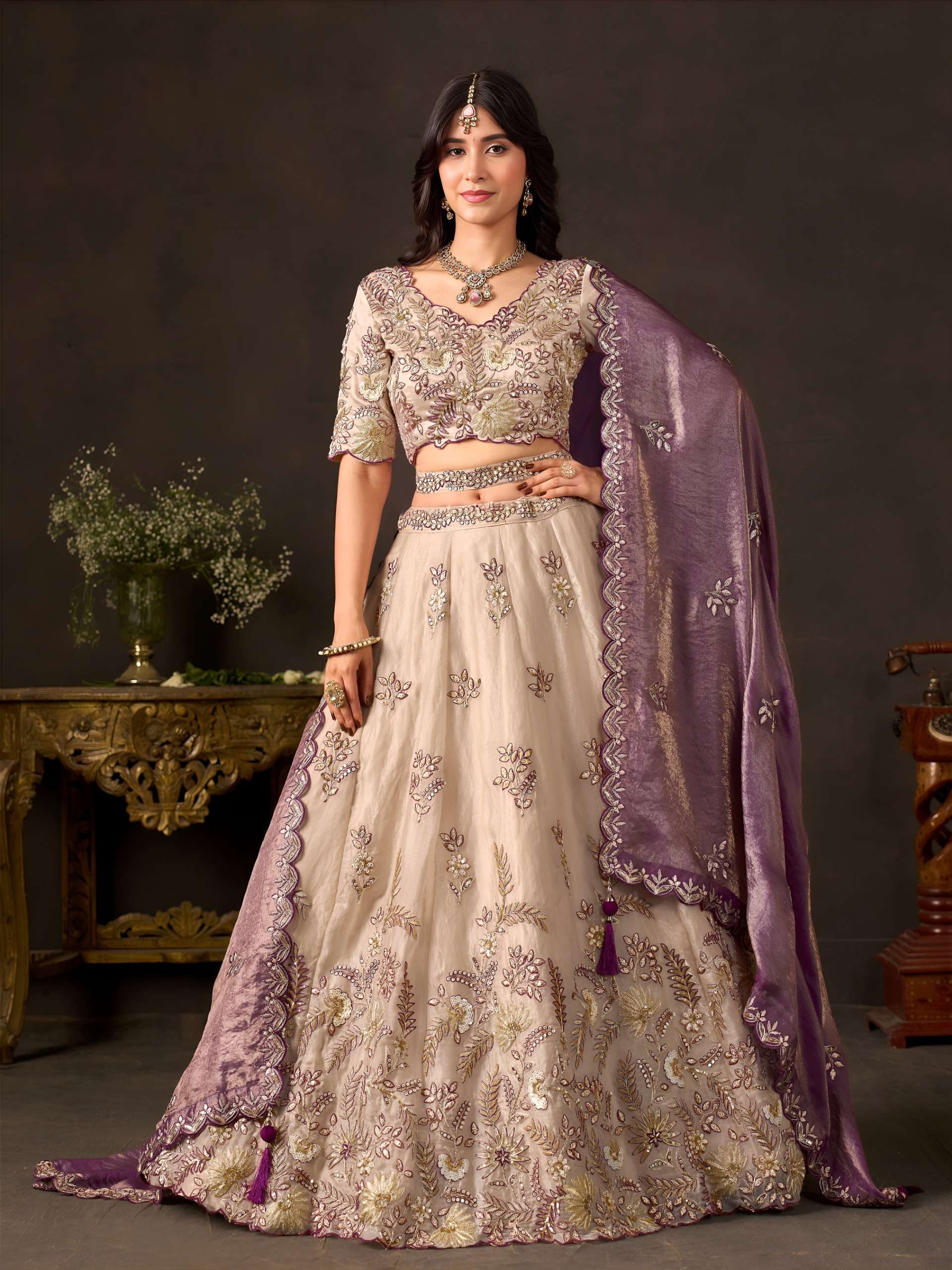  PURPLE GOLD COLOUR FLOWER PRINT ON FANCY SILK FABRIC LEHENGA CHOLI WHOLESALE IN SURAT 6019 PURPLE GOLD