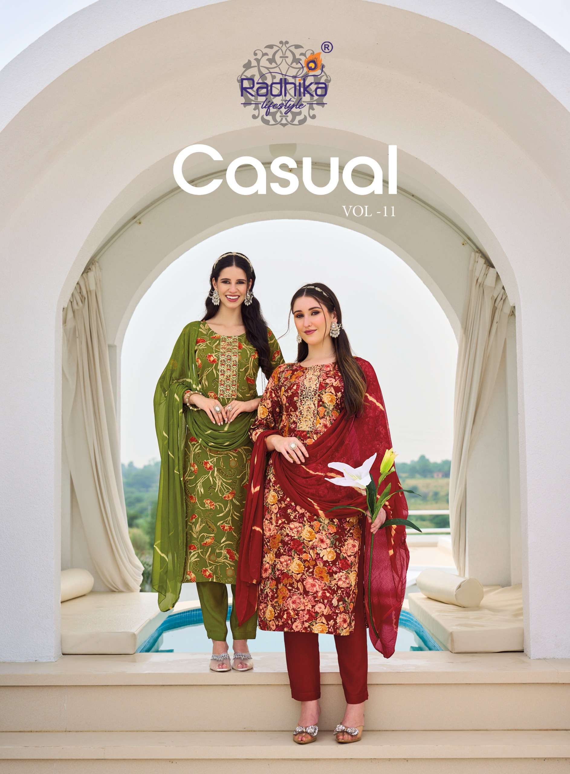 RADHIKA LIFESTYLE CASUAL VOL 11 REYON FOIL PRINT AND WORK SUIT EVERYDAY DESI LUXE LOUNGE SURAT