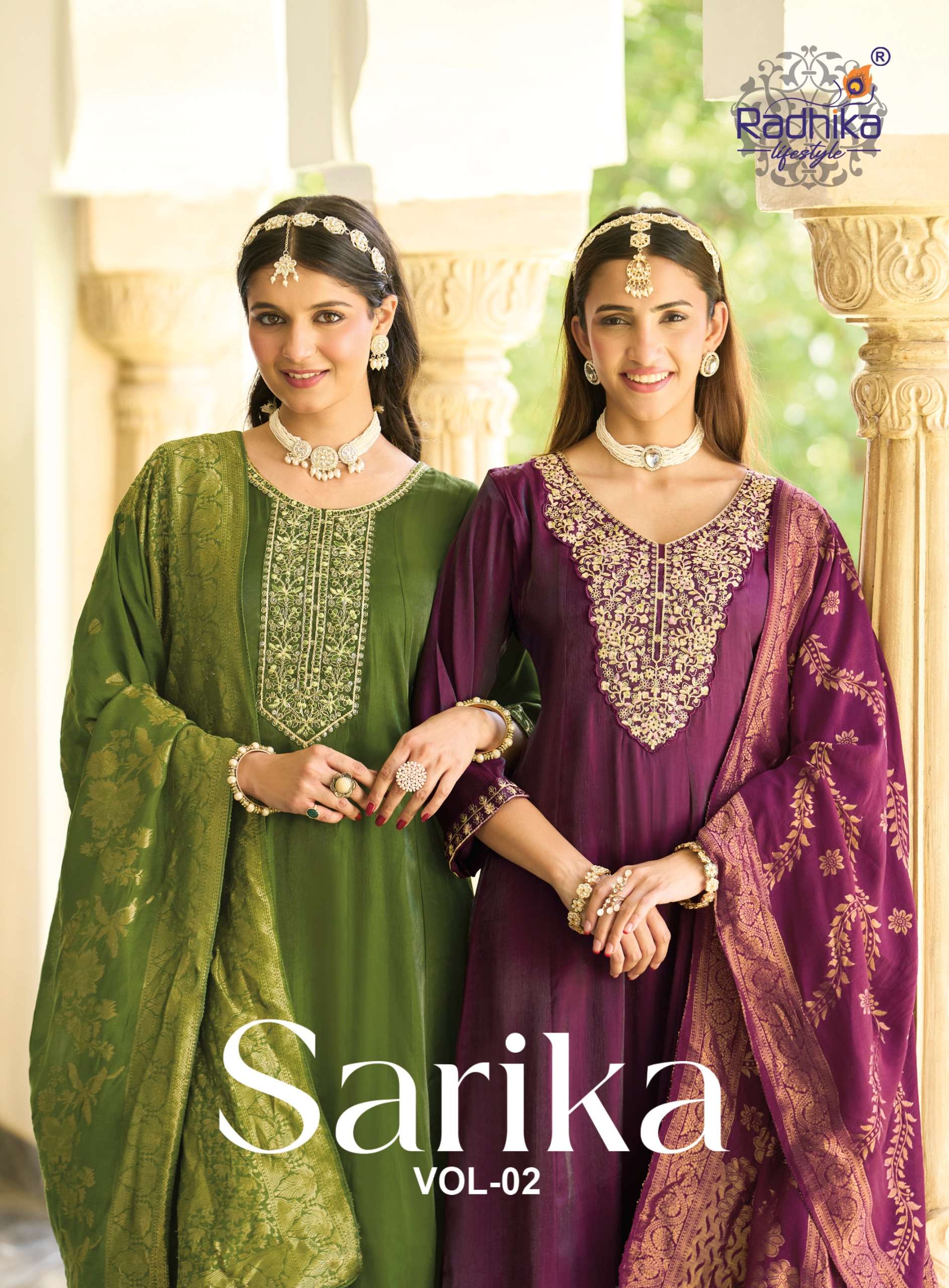 RADHIKA LIFESTYLE SARIKA VOL 2 GLASS SILK ANARKALI GOWN TOP PANT DUPPTTA RETAILER BUY        
