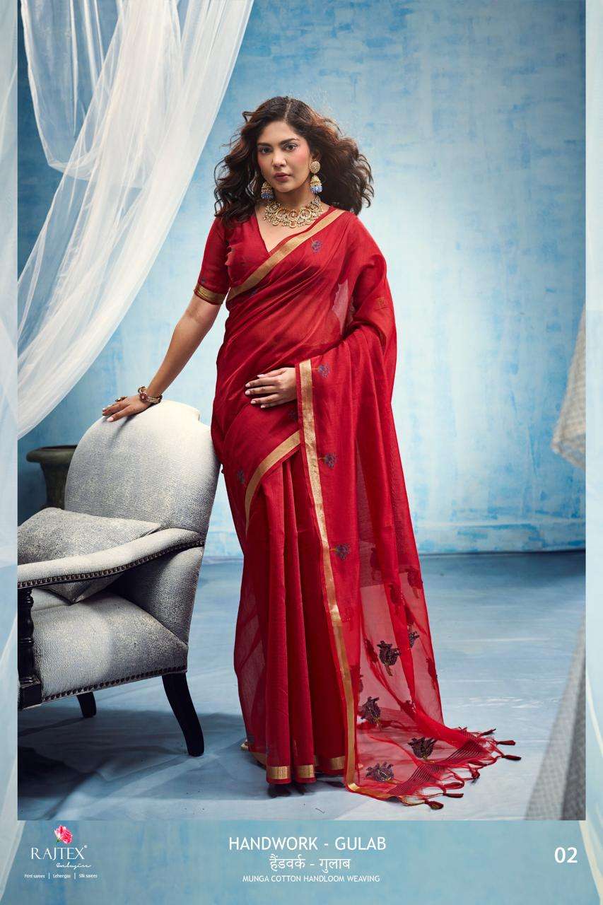RAJTEX FABRICS HANDWORK GULAAB MUNGA COTTON FABRIC WITH HANDMADE GULAAB DESIGN ON SAREEA WHOLESALE IN SURAT