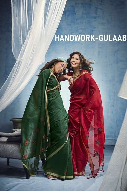 RAJTEX FABRICS HANDWORK GULAAB MUNGA COTTON FABRIC WITH HANDMADE GULAAB DESIGN ON SAREEA WHOLESALE IN SURAT
