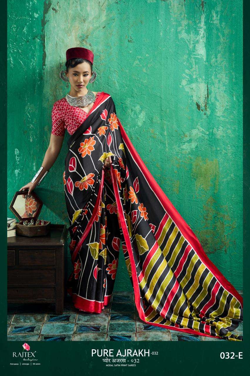 RAJTEX FABRICS PURE AJARAKH 032 MODAL SATIN FABRIC WITH BEAUTIFUL AJARKH PRINT ON SAREE WHOLESALE IN SURAT