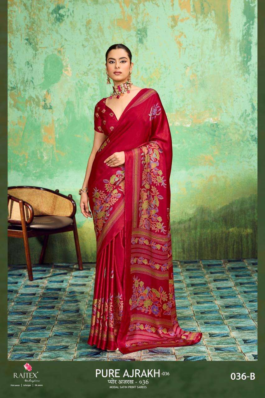 RAJTEX FABRICS PURE AJARAKH 036 MODAL SATIN FABRIC WITH FANCY AJARKH PRINT ON SAREE SUPPLIER IN SURAT