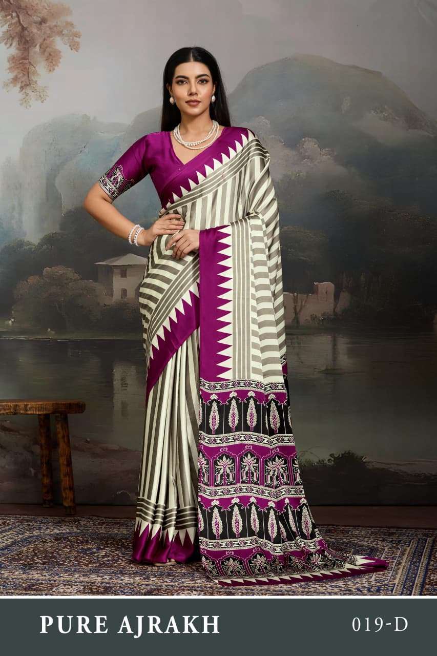 RAJTEX FABRICS PURE AJRAKH 019 MODAL SATIN FABRIC WITH AJRAKH PRINT ON SAREE WHOLESALE IN SURAT