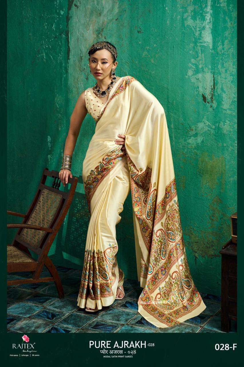RAJTEX FABRICS PURE AJRAKH 28 FANCY MODAL SATIN FABRIC WITH BEAUTIFUL AJRAKH PRITN ON SAREE WHOLESALE IN SURAT