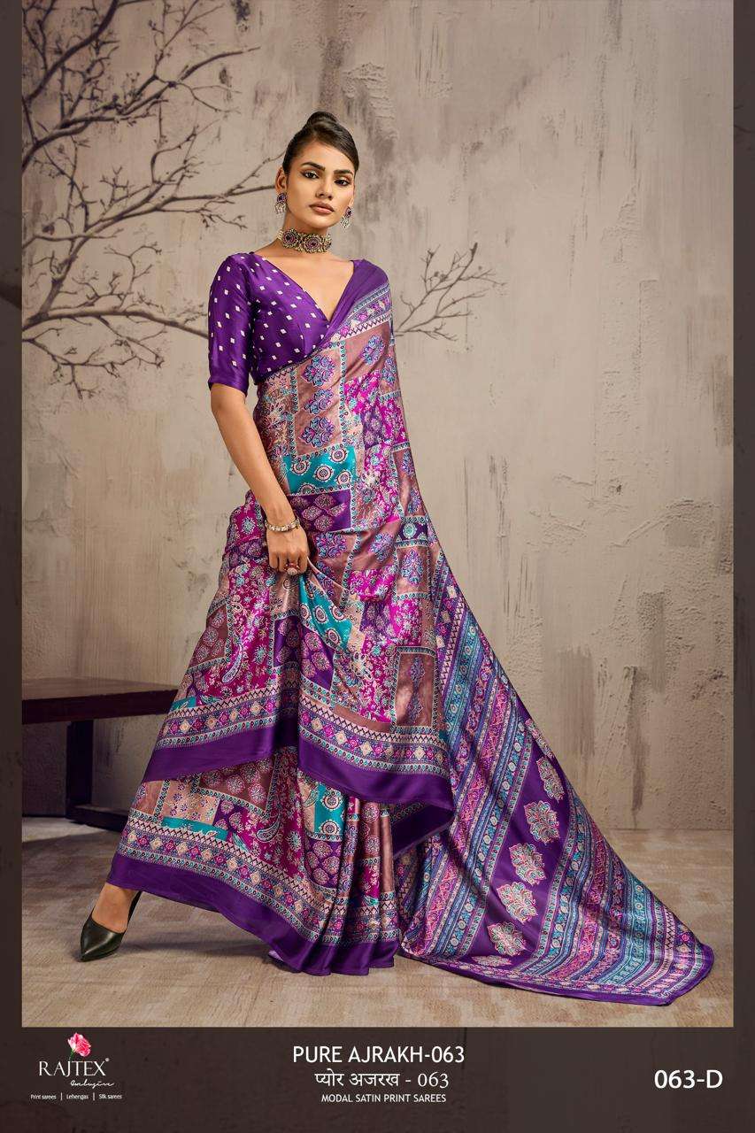 RAJTEX FABRICS PURE AJRAKH 63 MODAL SATIN AJRAKH PRINT ON SAREE WHOLESALE IN SURAT