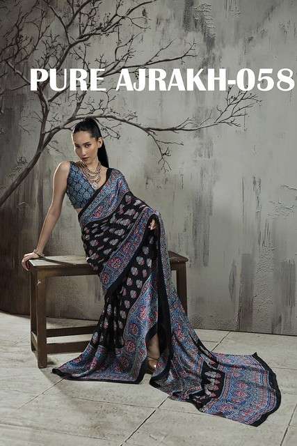  Rajtex Pure Ajrakh 058 058A TO 058F Modal Satin fabric with Ajrakh Print Saree reseller in surat