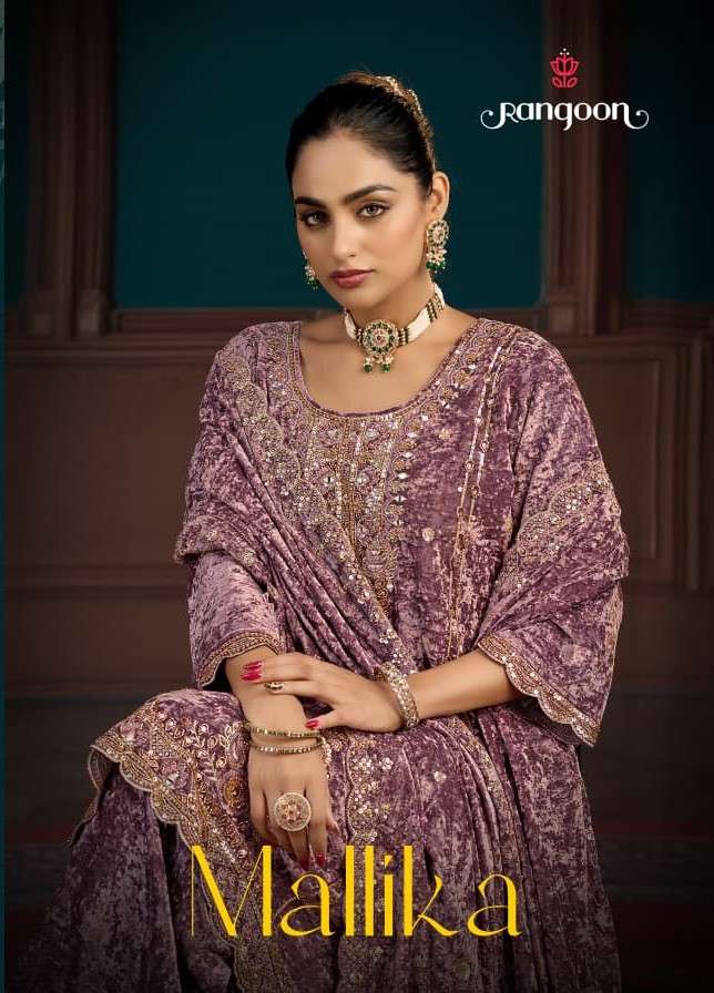 RANGOON MALLIKA MAKHMAL VELVET BEADS WORK PALAZZO SUIT FOR WINTER SEASON