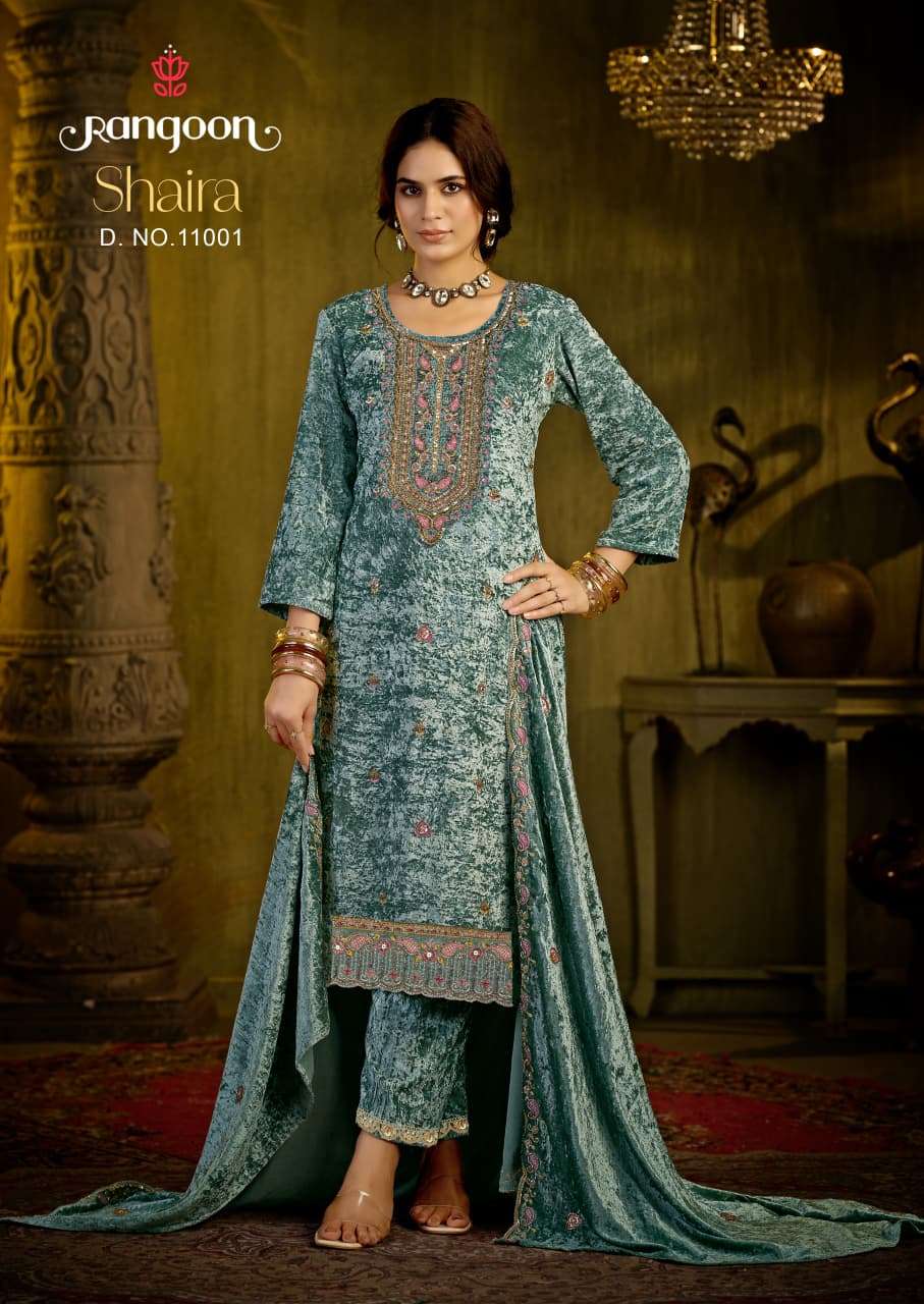 RANGOON SHAIRA MAKHMAL VELVET BEADS WORK SALWAR SUIT WINTER WEDDING SEASON EXPORT