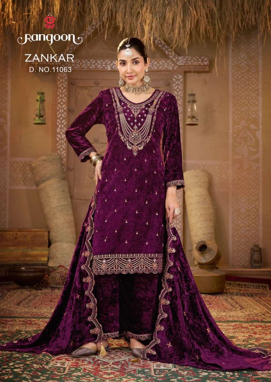 RANGOON ZANKAR WINTER CLOTH MAKHMAL VELVET WORK PALAZZO SUIT WHOLESALER