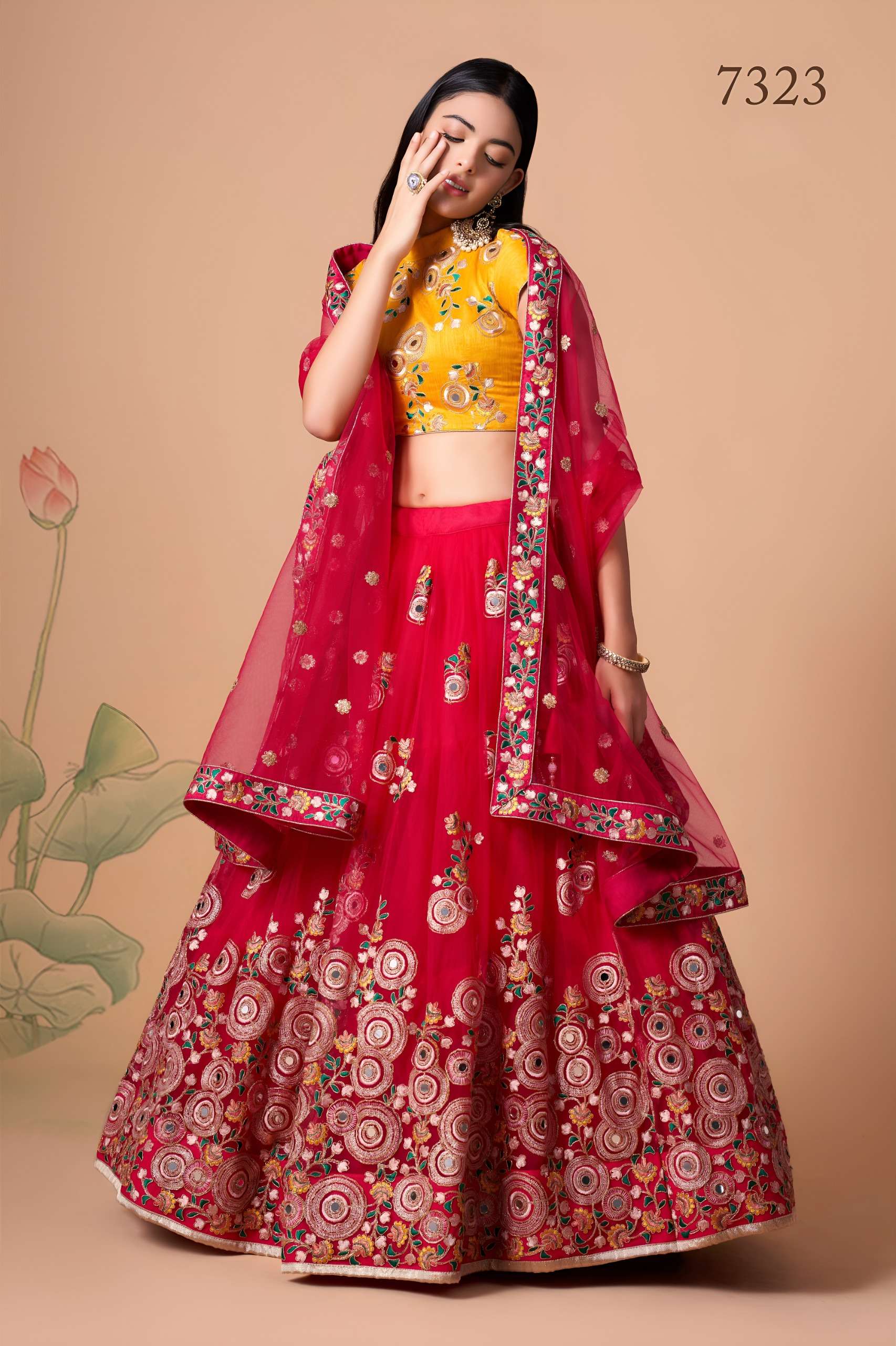 Rani Pink & Mustard colour Mirror Floral Lehenga Choli wholesale in surat 7323 Rani 