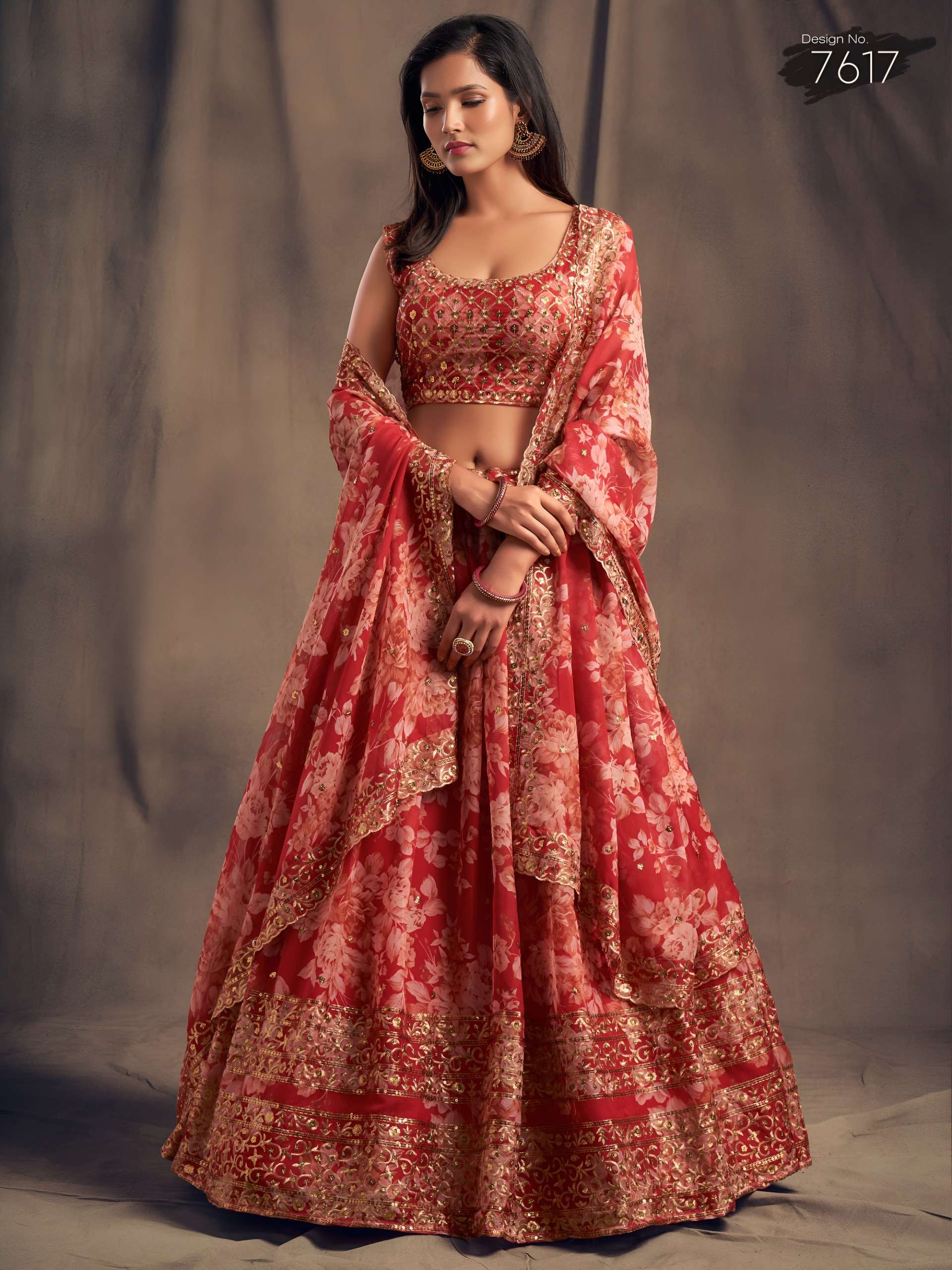Red colour with Floral Printed on Designer Organza fabric Lehenga Choli Wholesale in surat  7617