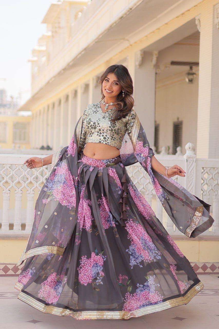 Russian Silk fancy fabric with Digital Printed on lehenga choli reseller in surat 7104