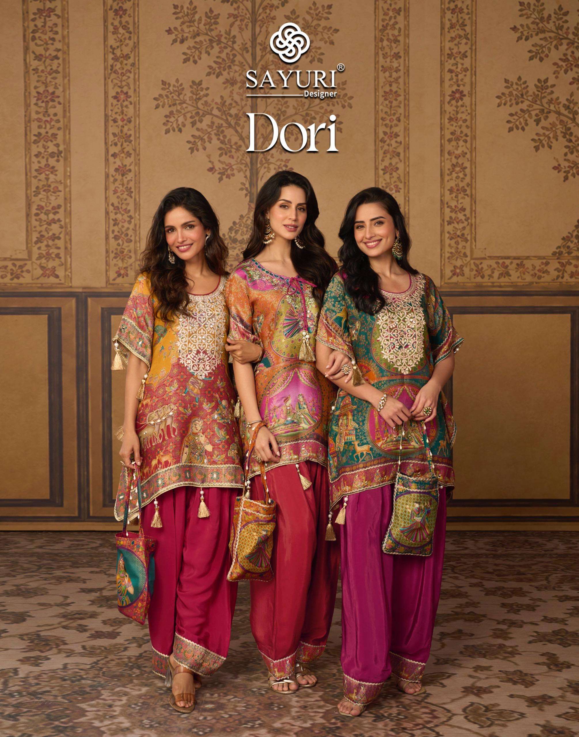 SAYURI DESIGNER DORI LATEST TRENDY POSITION JACQUARD KAFTAN WITH FARSI AND STYLIST POTLI GUJARATIS NOW