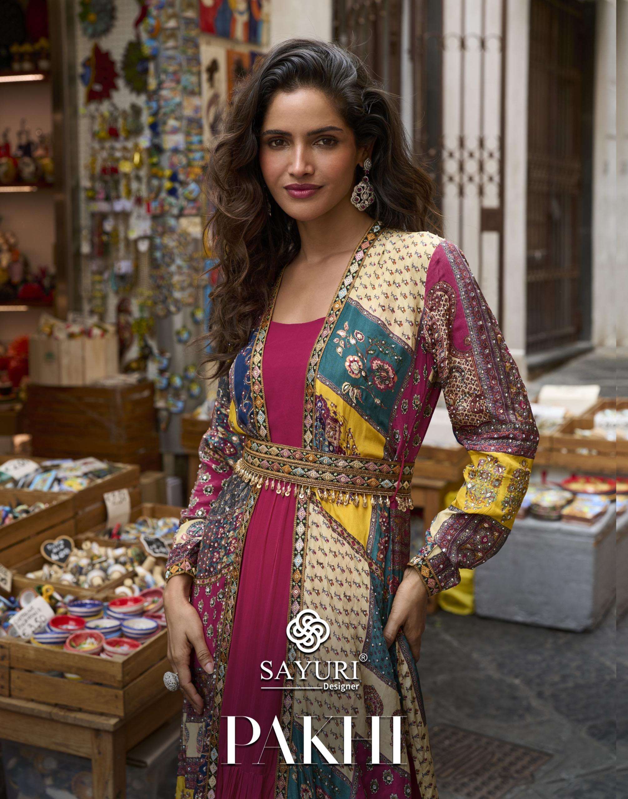 SAYURI DESIGNER PAKHI FESTIVE CREP SILK DIGITAL EMBROIDERED JACKET WITH BELT AND REAL GEROGETTE GOWN