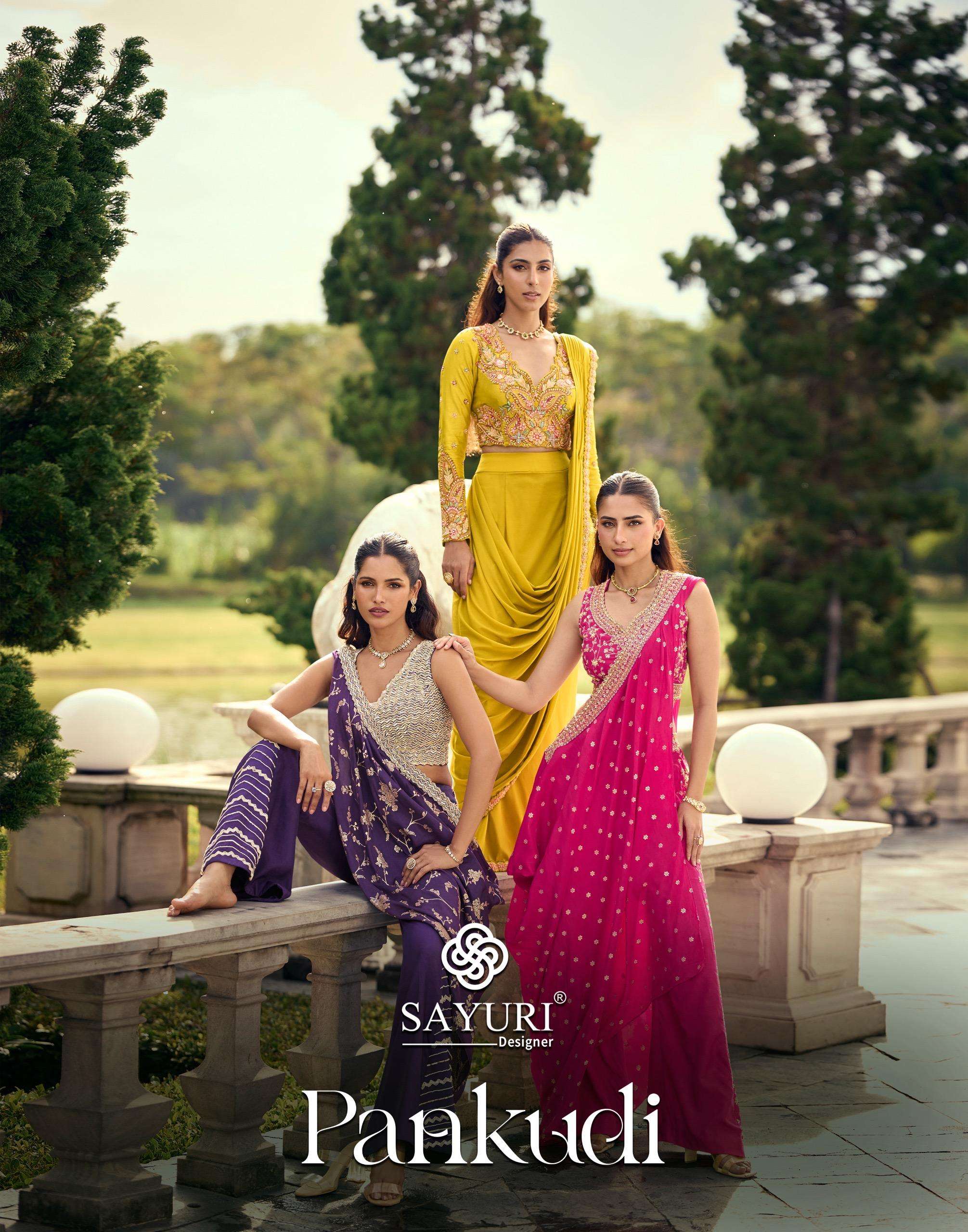 SAYURI DESIGNER PANKUDI LATEST TRENDY DUPATTA WITH EMBROIDERED BLOUSE AND PLAZOO PANT