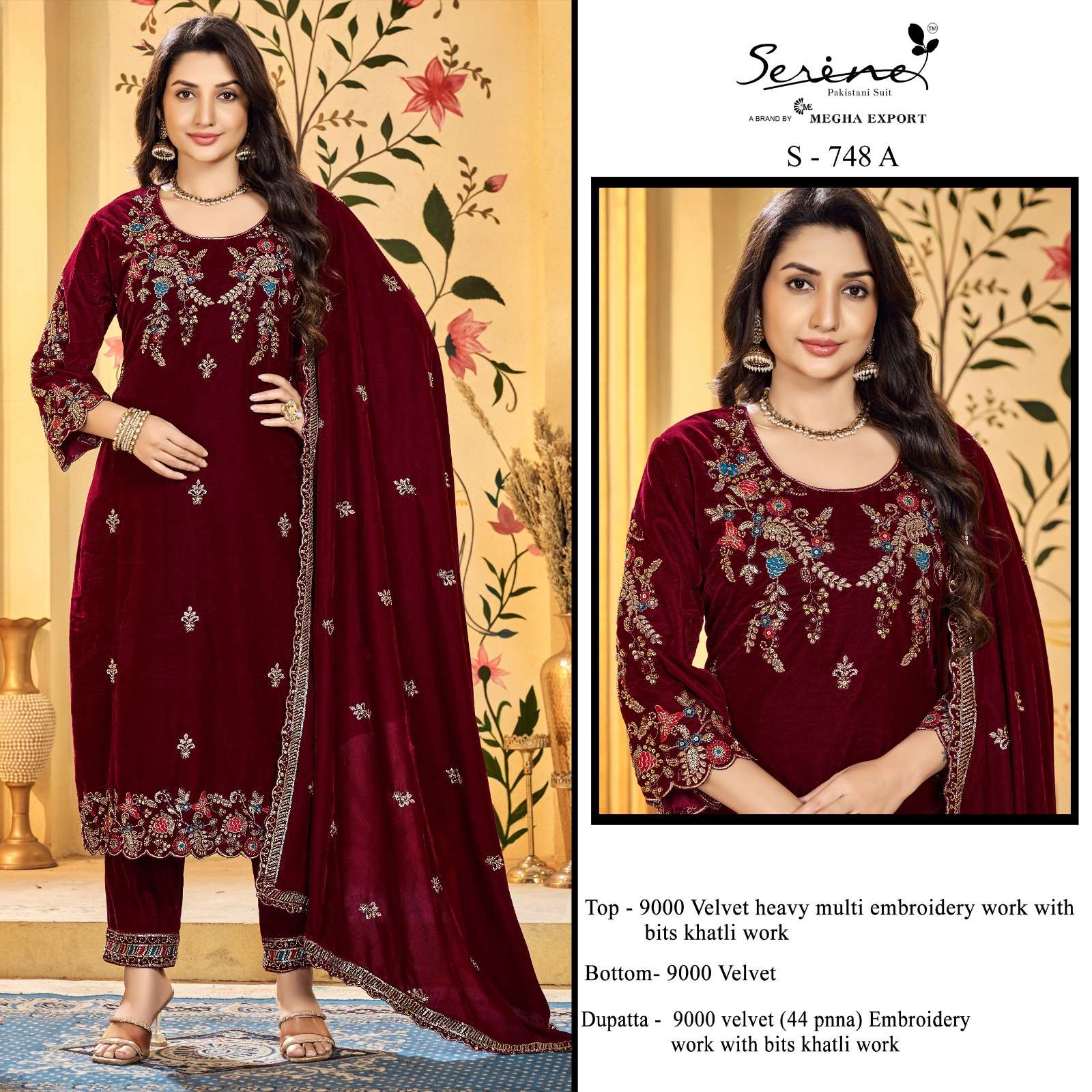 SERINE S 748 9000 VELVET BITS KHATLI WORK SALWAR SUIT WINTER WEDDING WHOLESALER