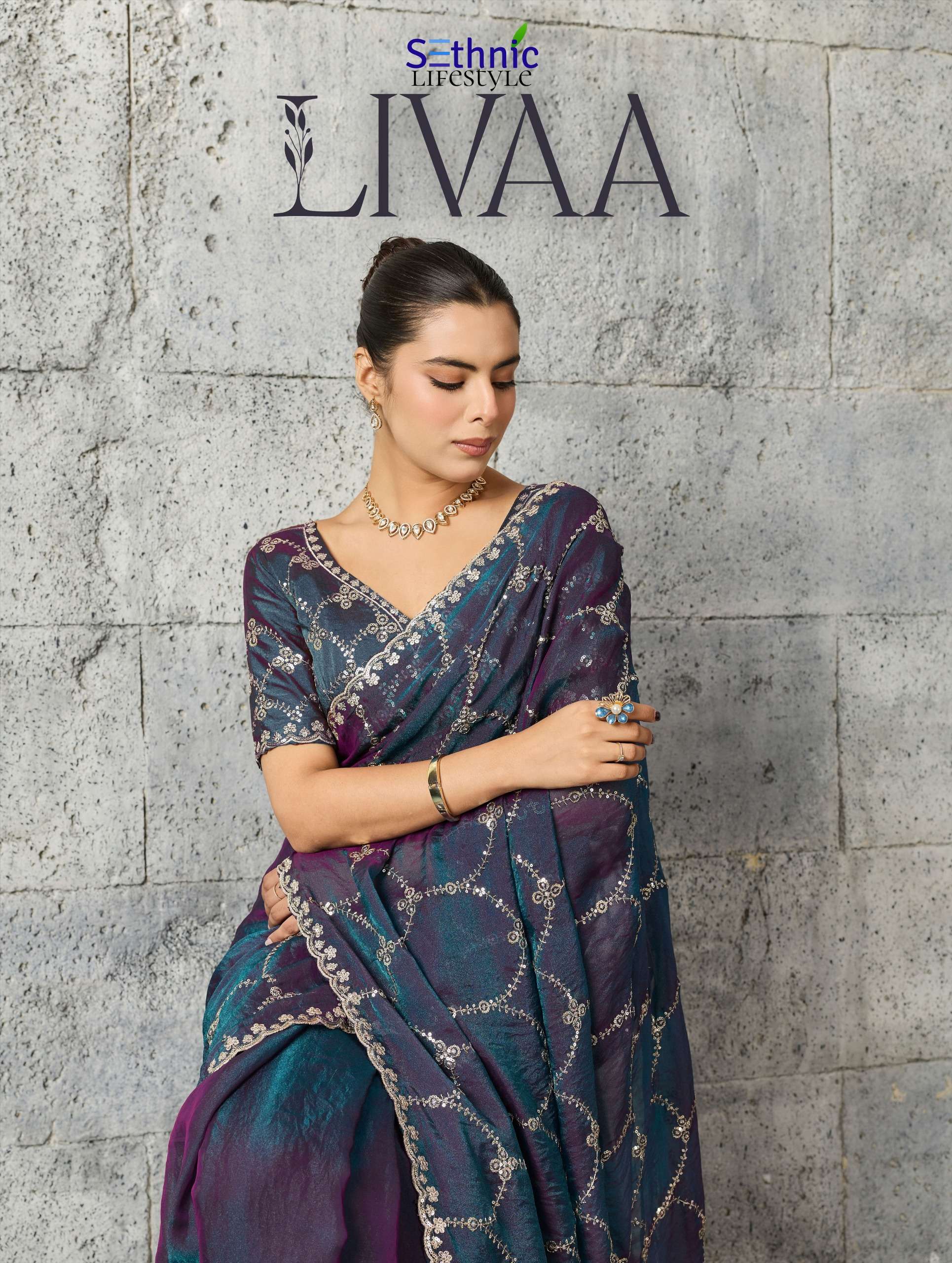 Sethnic Lifestyle Livaa Grainy Moss Chiffon Fabric fancy fabric saree reseller in surat