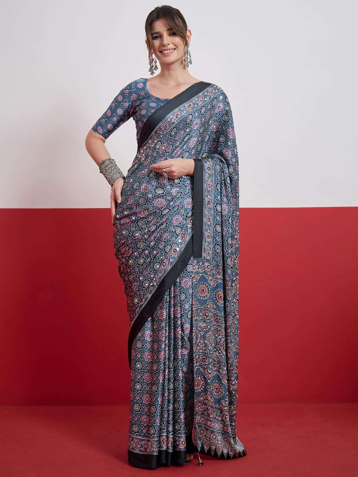 Shisha 2 Semi Modal With Mirror and Fancy Tussles Saree reseller in surat