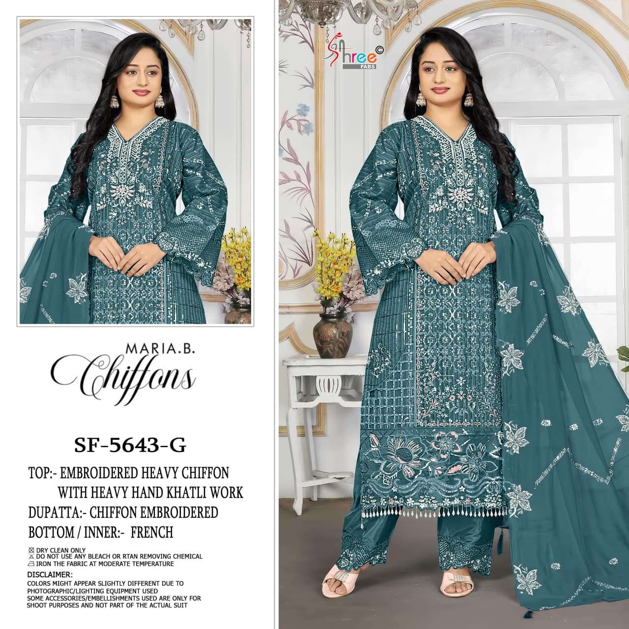 SHREE FABS 5643 COLOR CHIFFON EMBROIDERY KHATLI & CUT WORK SUIT WEDDING OUTFIT ONLINE