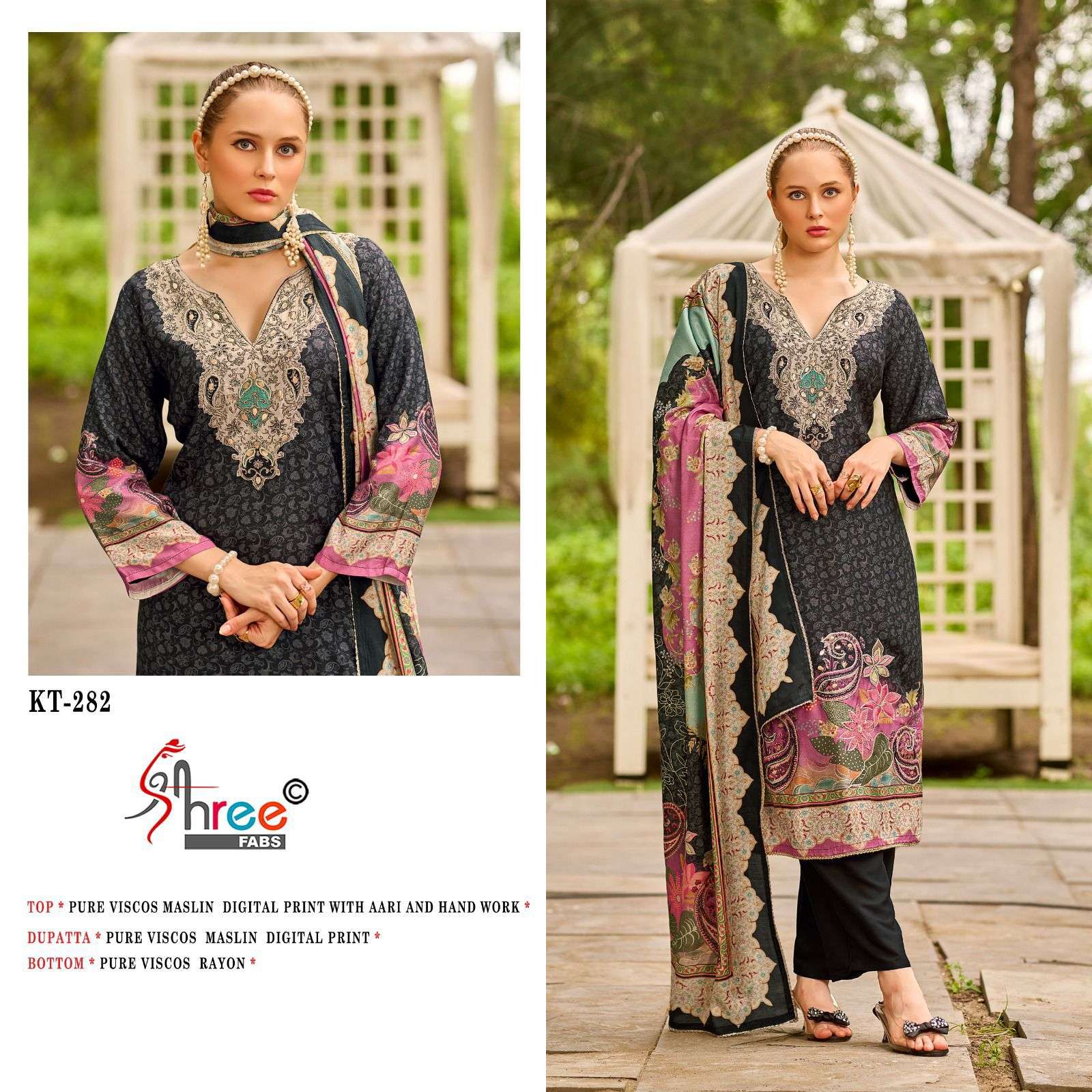SHREE FABS KT 282 MASLIN PRINT WITH AARI WORK SALWAR SUIT CELEBRATION WEAR DEALER
