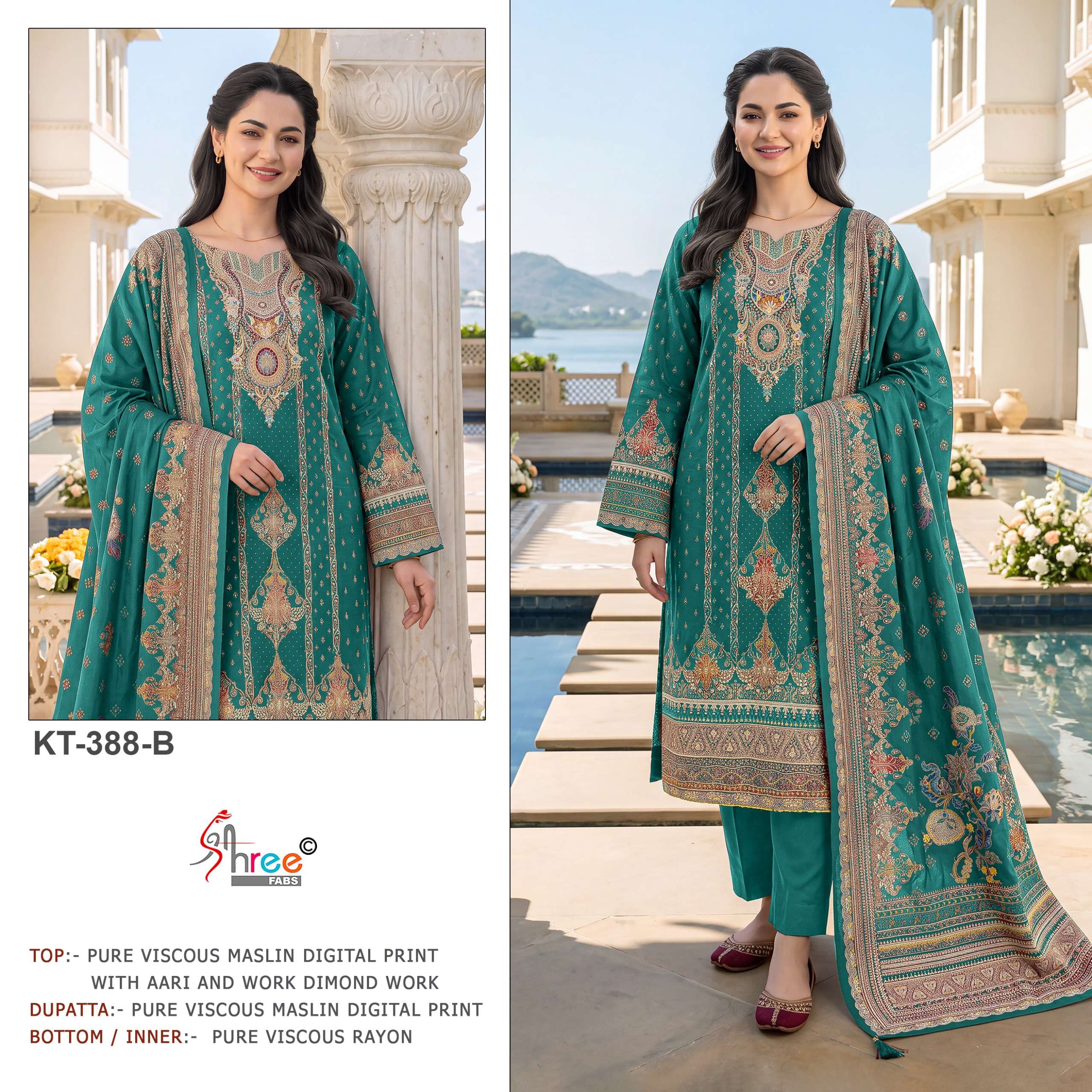 SHREE FABS KT 388 COLOUR MASLIN DIGITAL PRINT SALWAR SUIT ELEVATED LUXE LAWN AND FESTIVE JAKARD