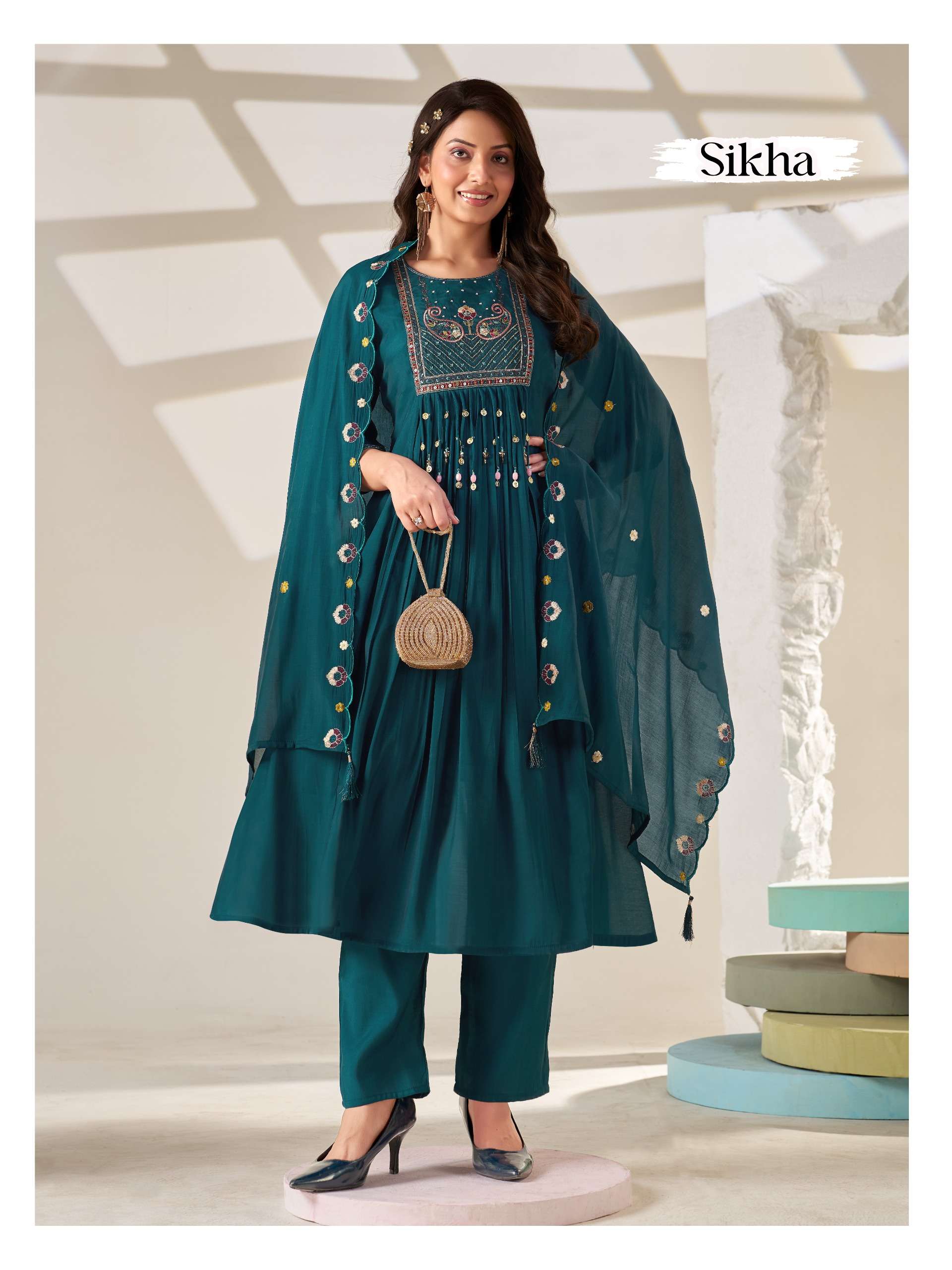 SIKHA CHANDERI DESIGNER NECK FROCK KURTI PANT SUIT YOUNG WOMEN SHOP
