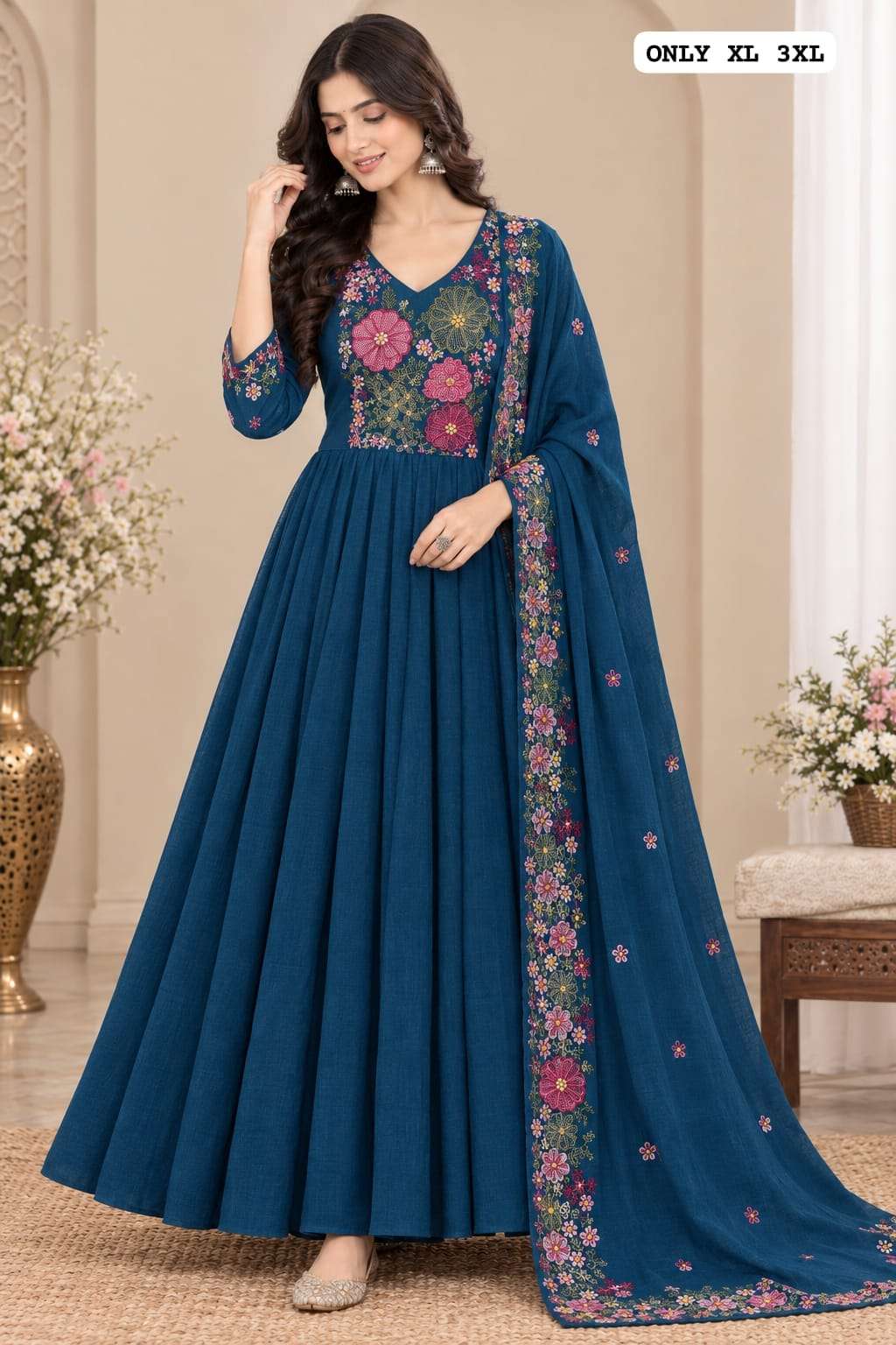 SILK DESIGNER NECK ANARKALI SUIT FOR DIWALI FESTIVAL CLOTHING RESELLER