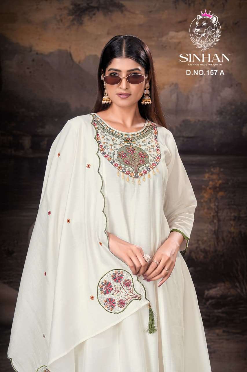 SINHAN 157 WHITE KURTI PLAZO WITH DUPATTA WEDDING WEAVE LUXE LOUNGE SURAT BRAND